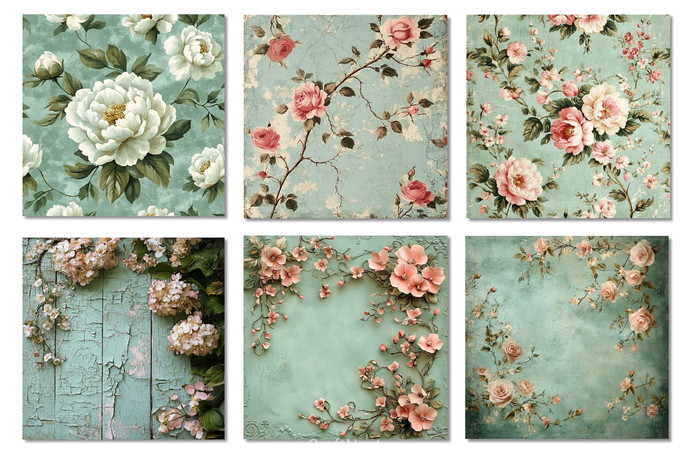 Mint Green Shabby Chic Floral Background Clipart Bundle - CraftNest - Digital Crafting and Art