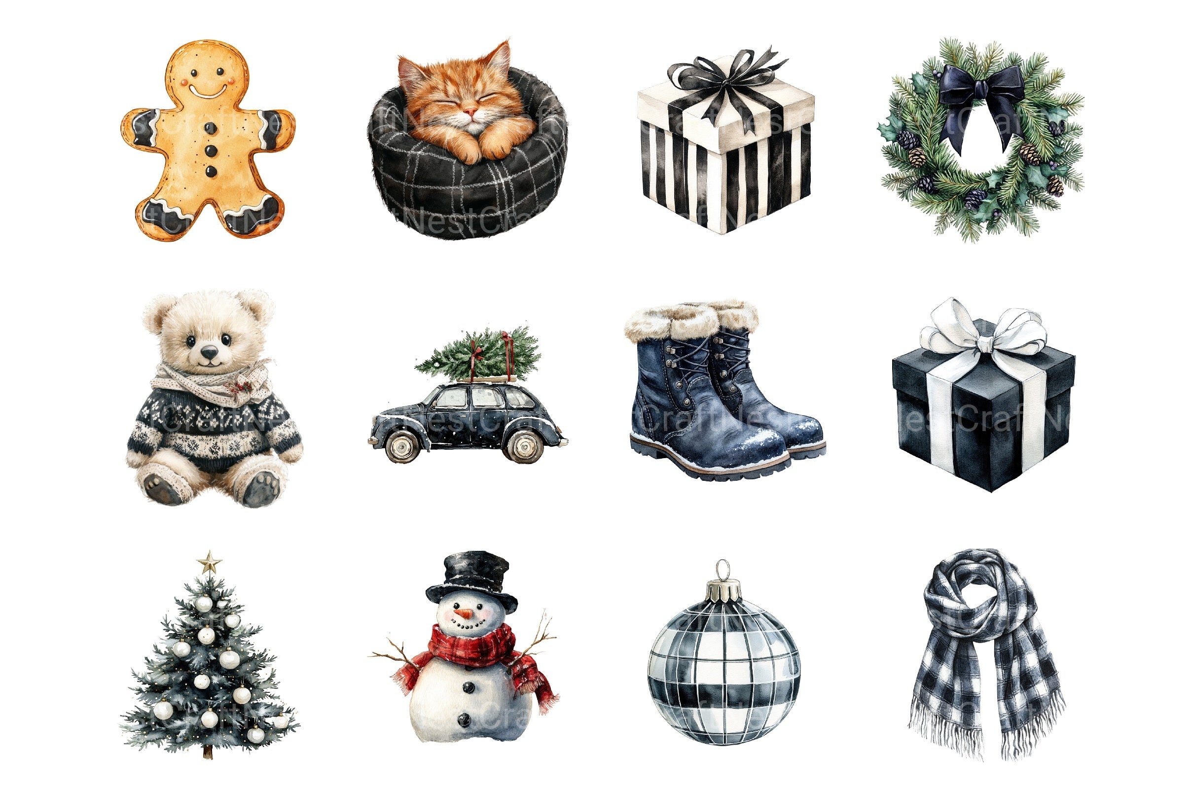 Black and White Christmas Clipart Bundle: Monochrome Winter Holiday Decor - CraftNest - Digital Crafting and Art