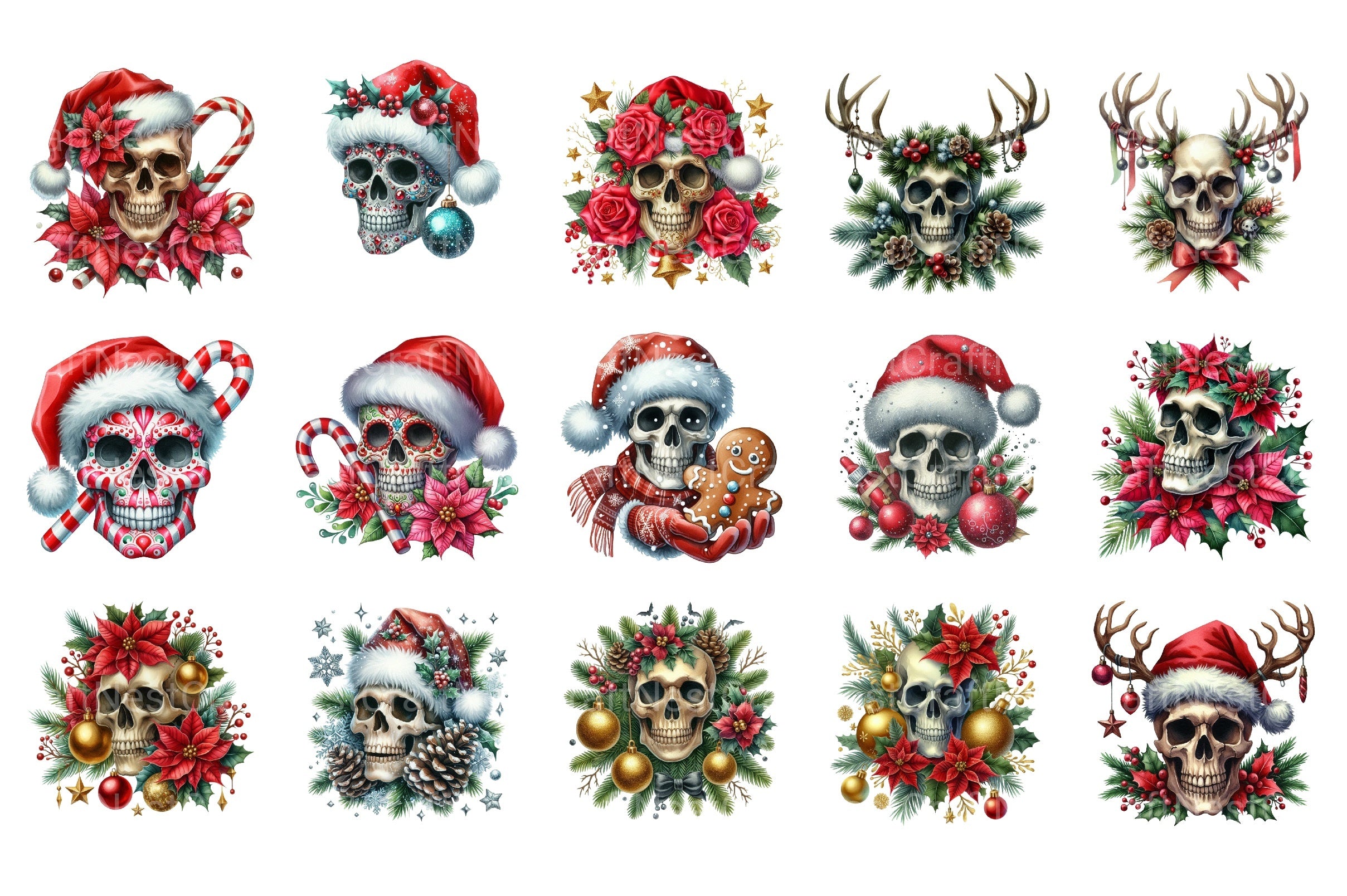 Christmas Floral Skull Clipart Bundle - CraftNest - Digital Crafting and Art