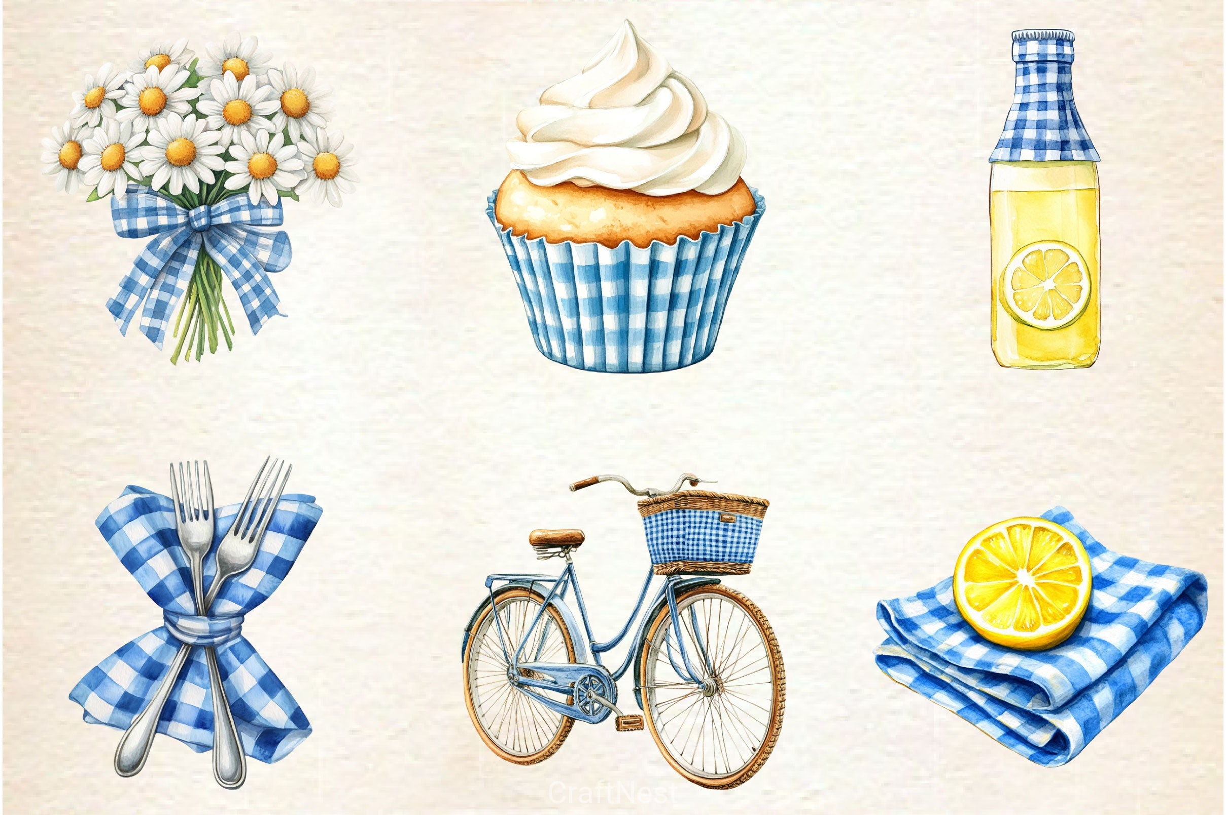 Blue Gingham Summer Clipart Bundle - CraftNest - Digital Crafting and Art
