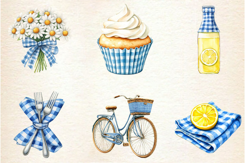 Blue Gingham Summer Clipart Bundle - CraftNest - Digital Crafting and Art
