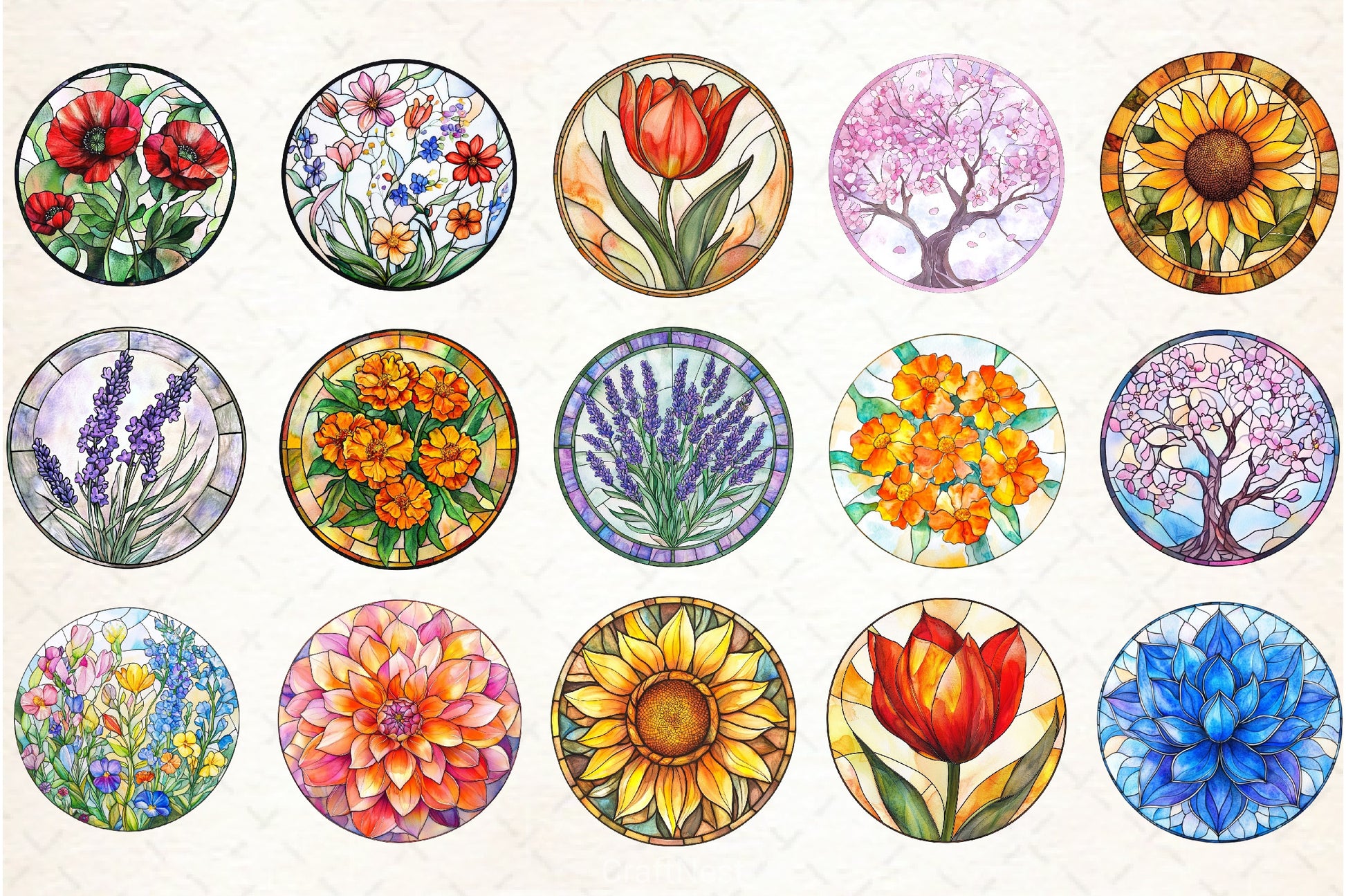 Round Stained Glass Flowers Clipart Bundle - CraftNest - Digital Crafting and Art