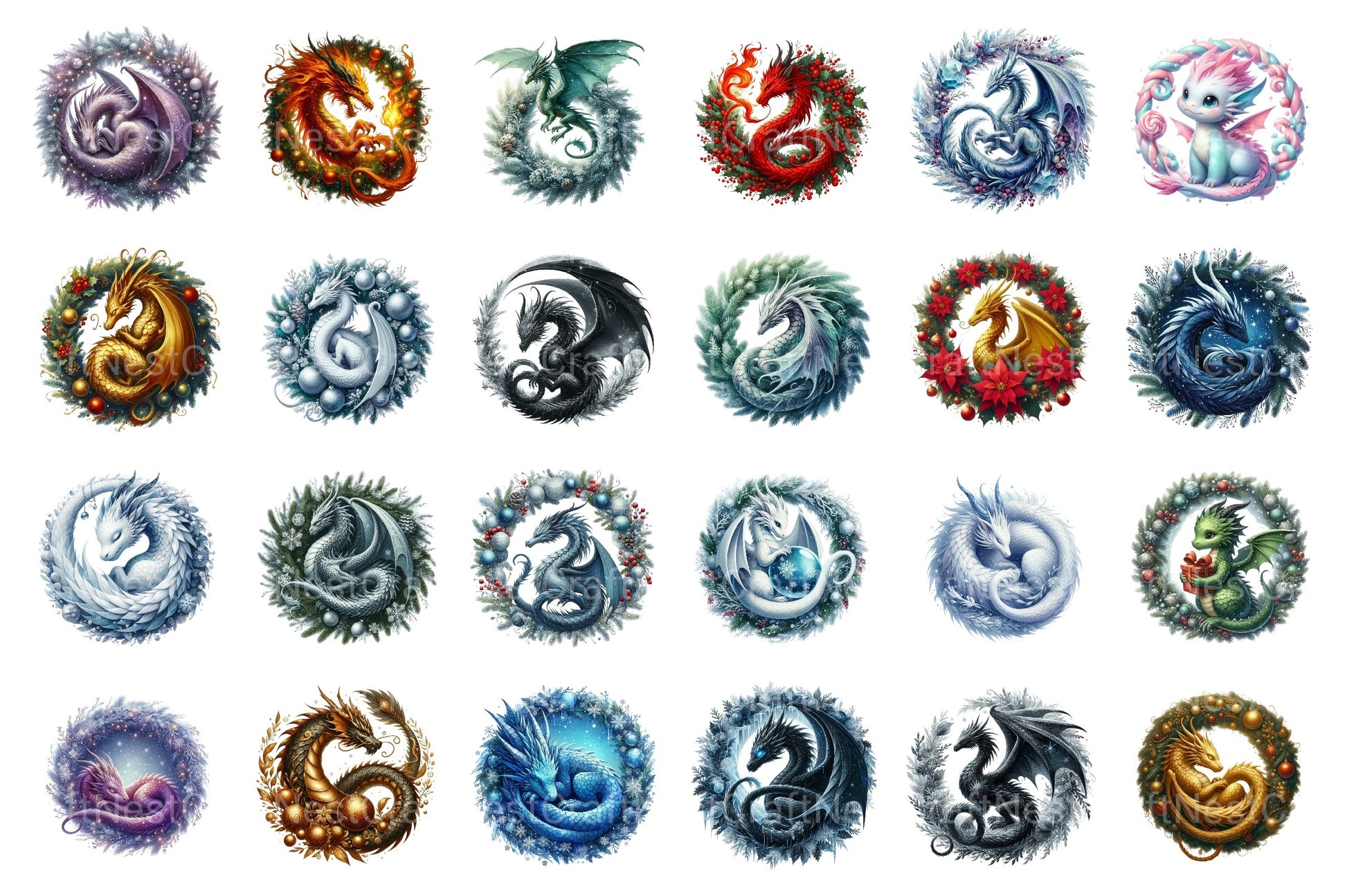 Christmas Dragons Holiday Wreath Clipart Bundle - CraftNest - Digital Crafting and Art