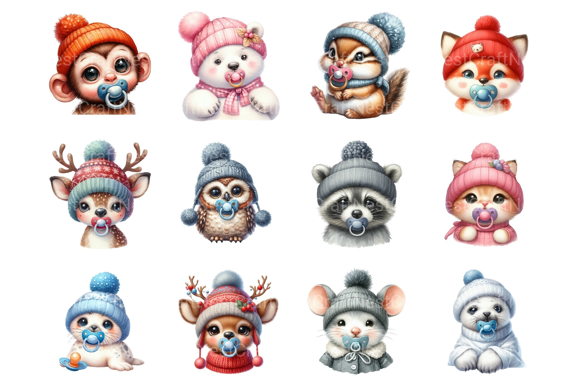 Winter Baby Animals Clipart Bundle: Pacifier Collection - CraftNest - Digital Crafting and Art