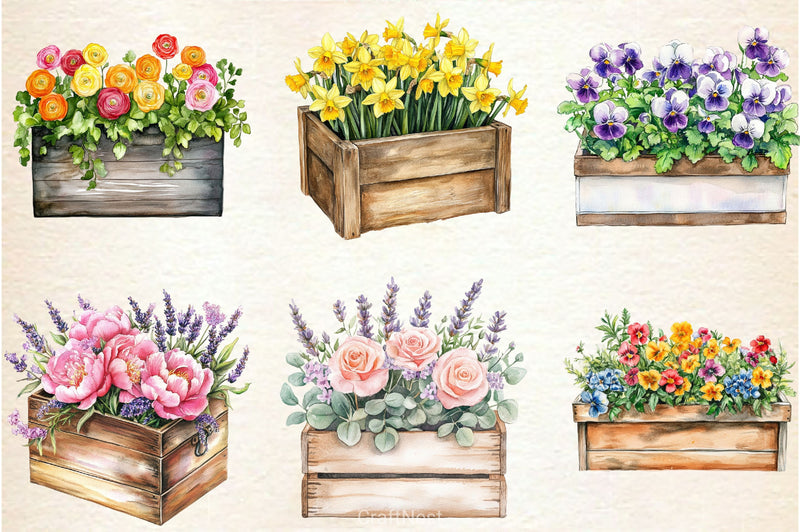 Spring Wooden Planters Box Clipart Bundle - CraftNest - Digital Crafting and Art