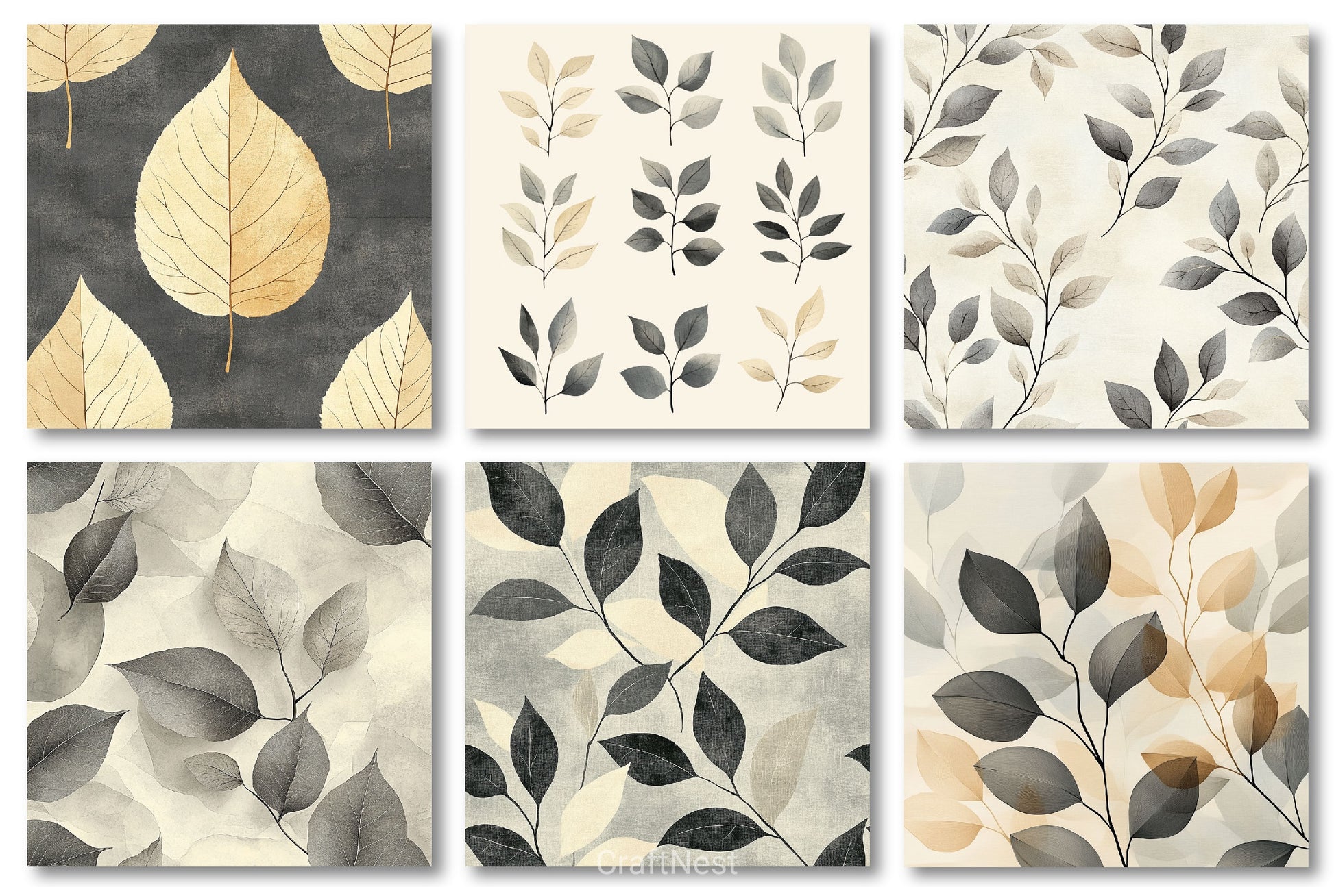 Gray Beige Artistic Leaves Digital Background Clipart Bundle - CraftNest - Digital Crafting and Art