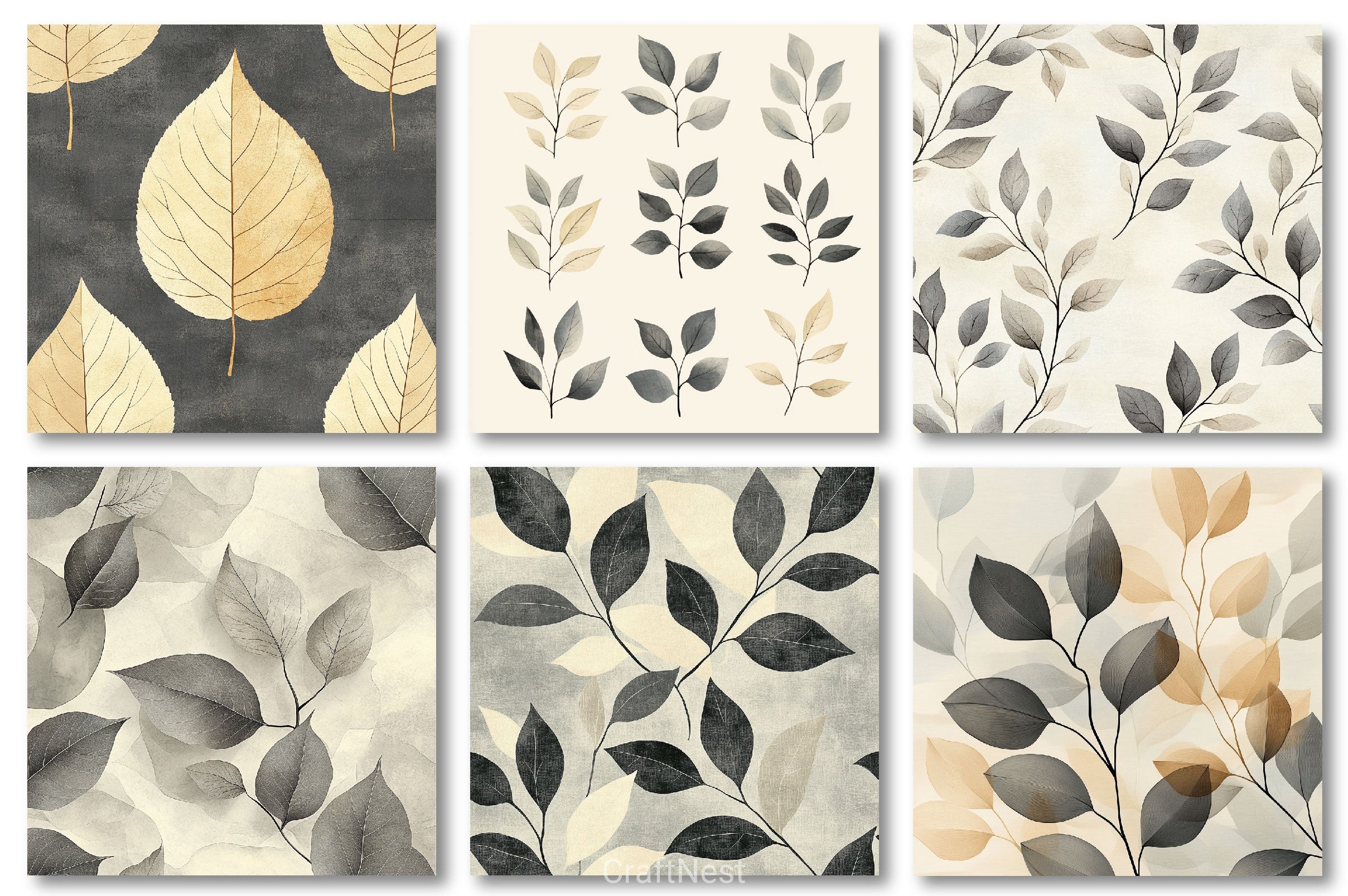 Gray Beige Artistic Leaves Digital Background Clipart Bundle - CraftNest - Digital Crafting and Art