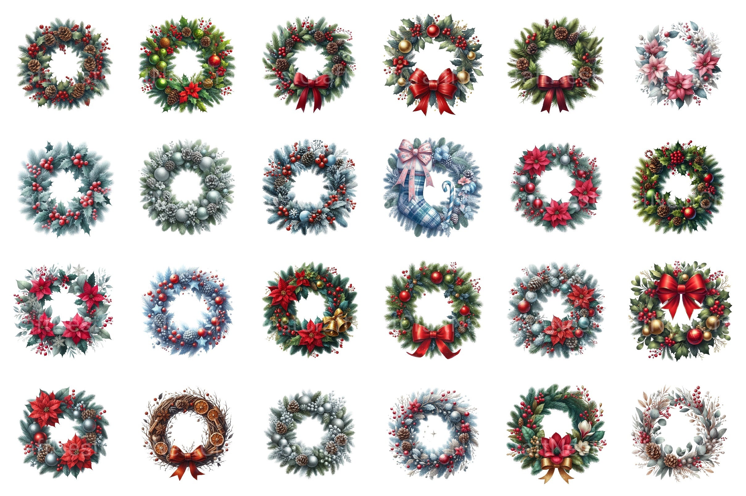 Grandmillennial Christmas Wreath Clipart Bundle for Commercial Use - CraftNest - Digital Crafting and Art