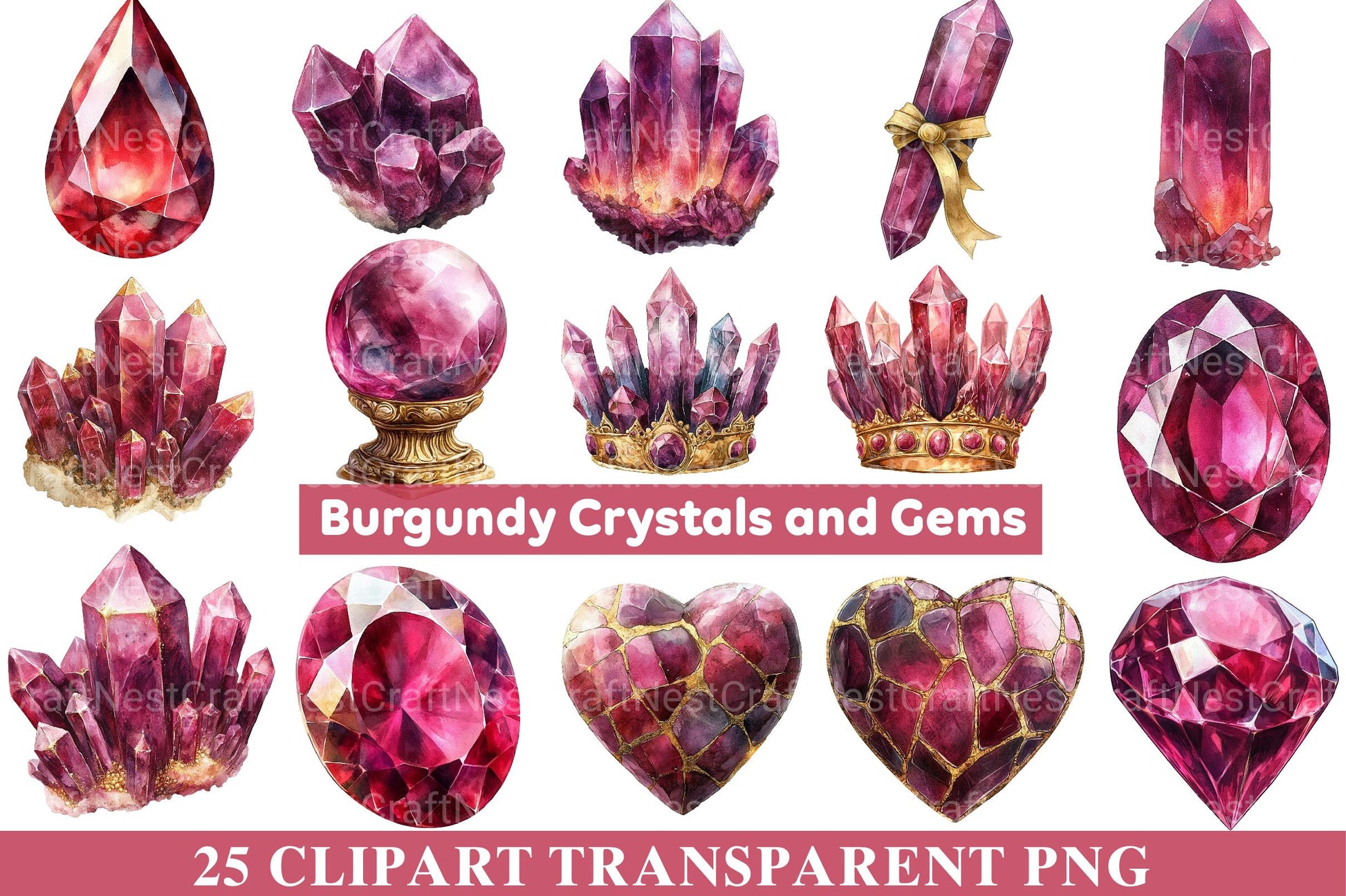 Burgundy Crystals and Gems Clipart - CraftNest - Digital Crafting and Art