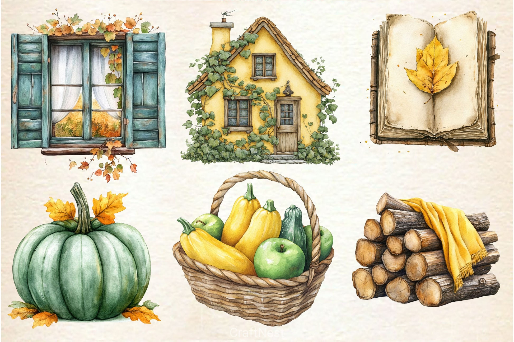 Yellow Green Autumn Cottage Clipart Bundle 2 - CraftNest - Digital Crafting and Art