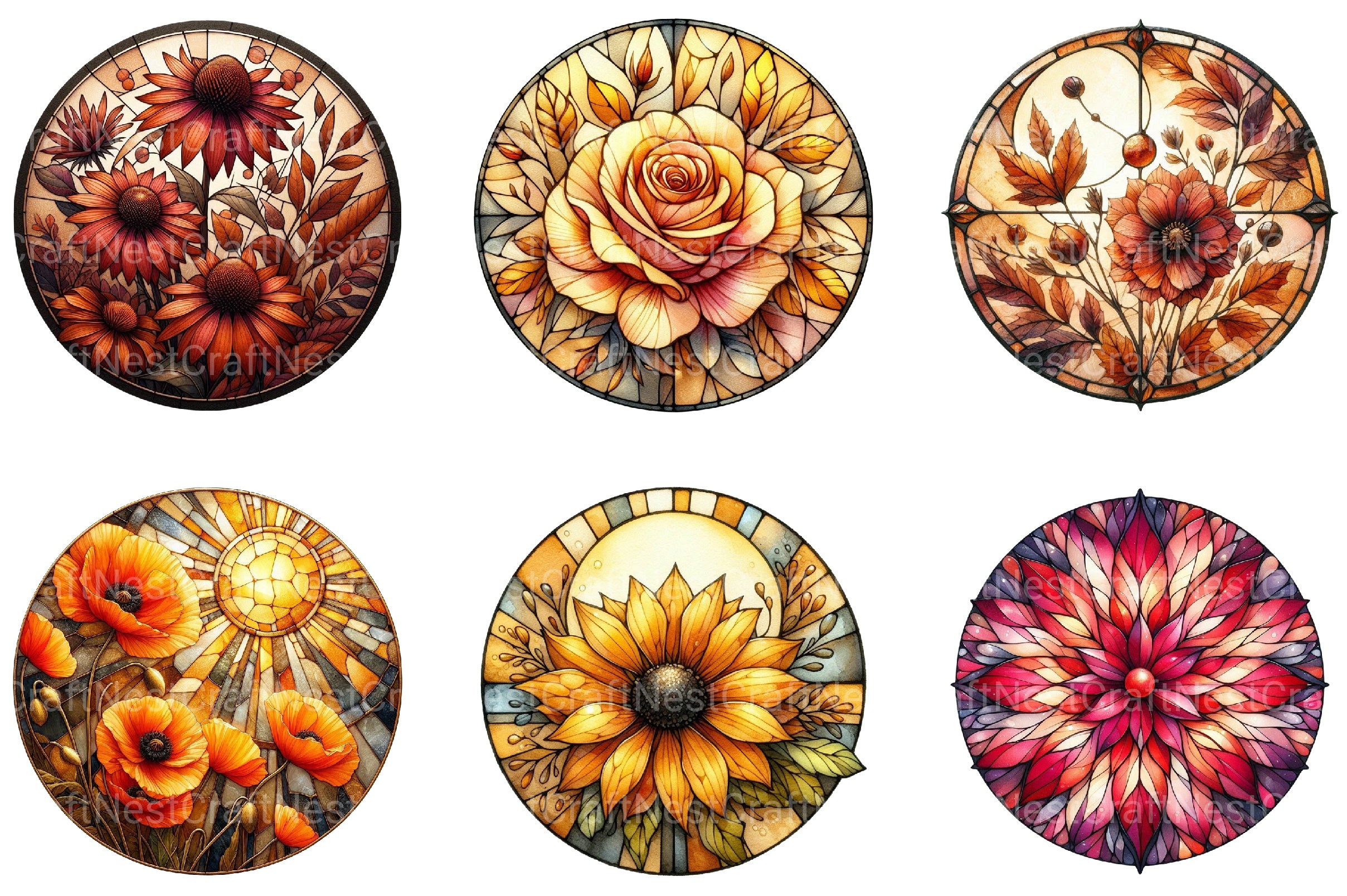Round Stained Glass Fall Flower Clipart Bundle - CraftNest - Digital Crafting and Art