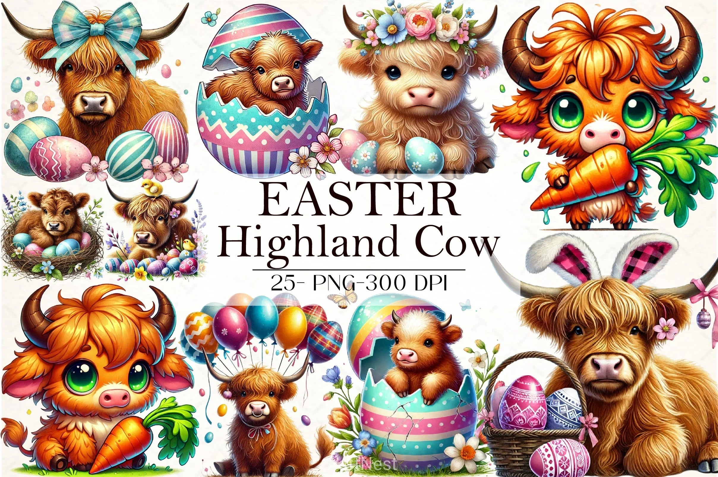Highland Cow Easter Clipart Bundle - CraftNest - Digital Crafting and Art
