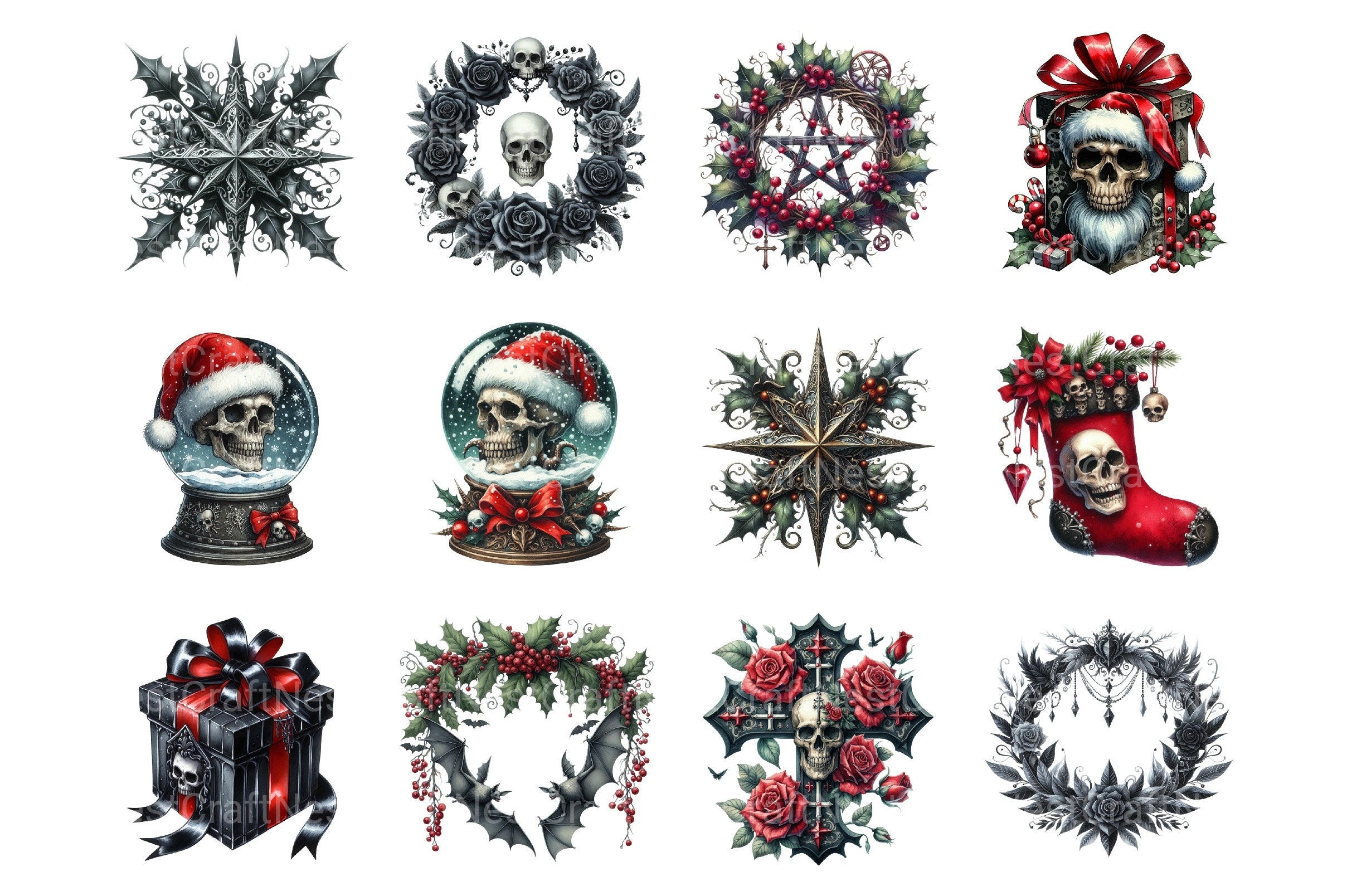 Gothic Christmas Clip Art: Spooky Skull & Raven Graphics Bundle - CraftNest - Digital Crafting and Art