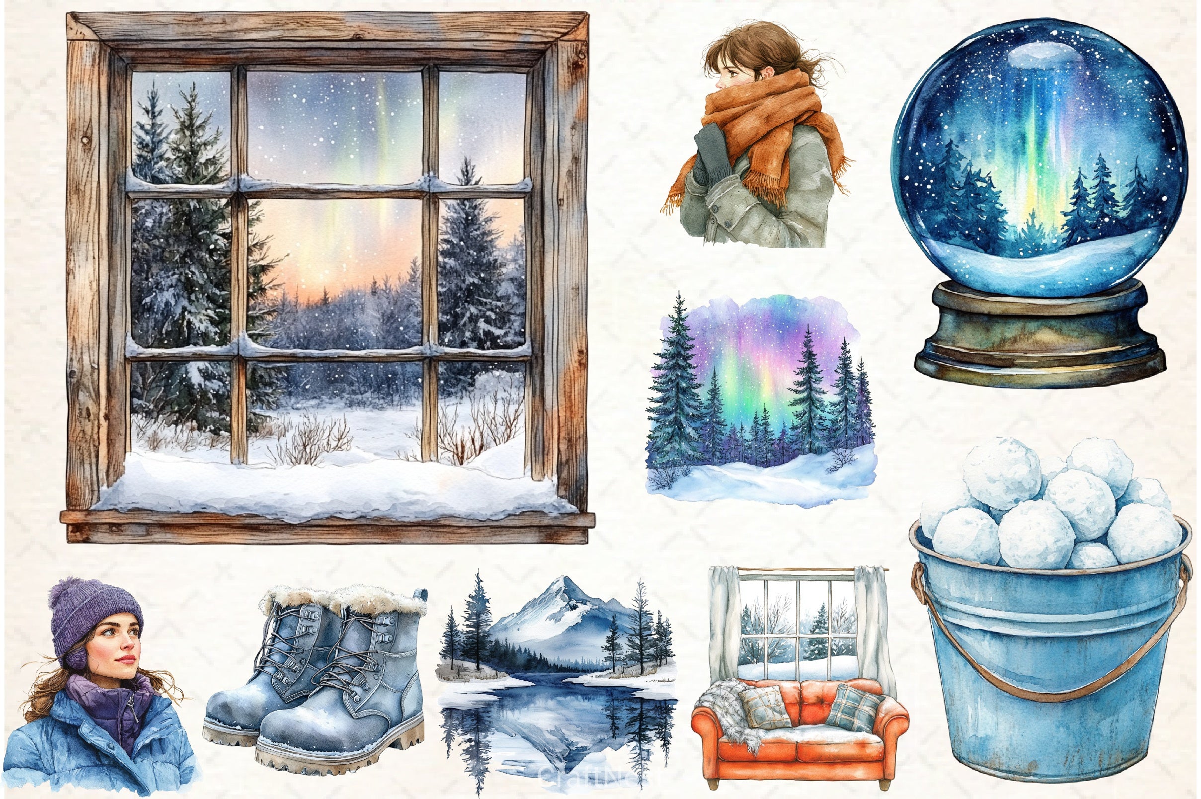 Cozy Winter Northern Lights Clipart Bundle - CraftNest - Digital Crafting and Art