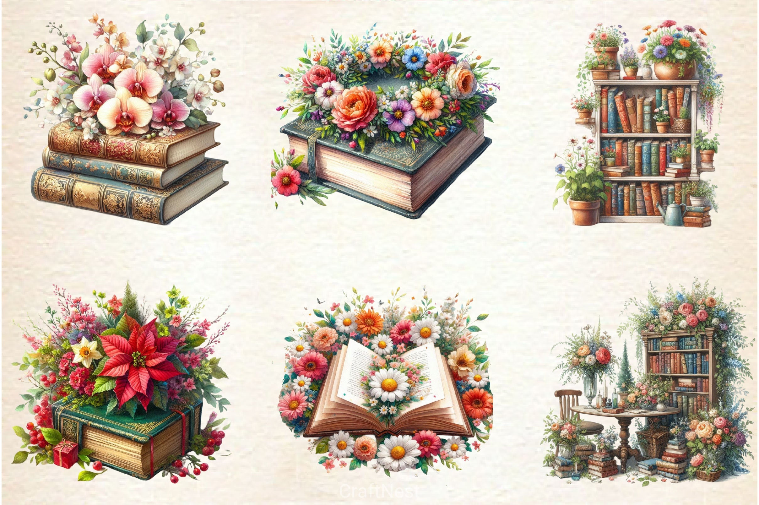Old Books With Flowers Clipart Bundle 2 - CraftNest - Digital Crafting and Art