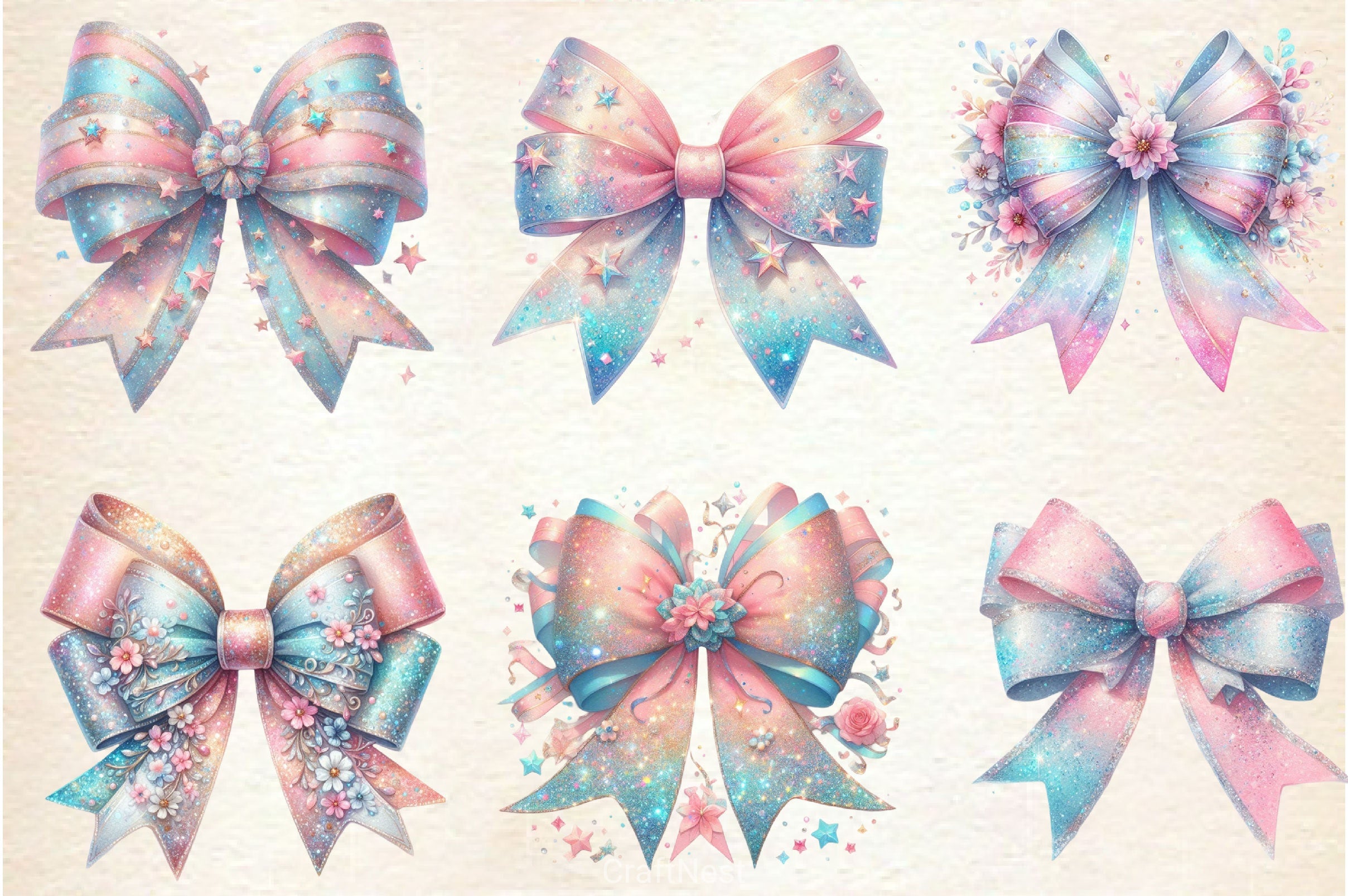 Pastel Glitter Bow Clipart Bundle 5 - CraftNest - Digital Crafting and Art