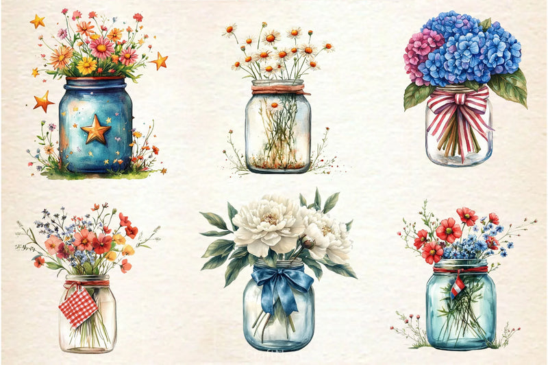 Flowers In Jar 4th Of July Clipart Bundle - CraftNest - Digital Crafting and Art