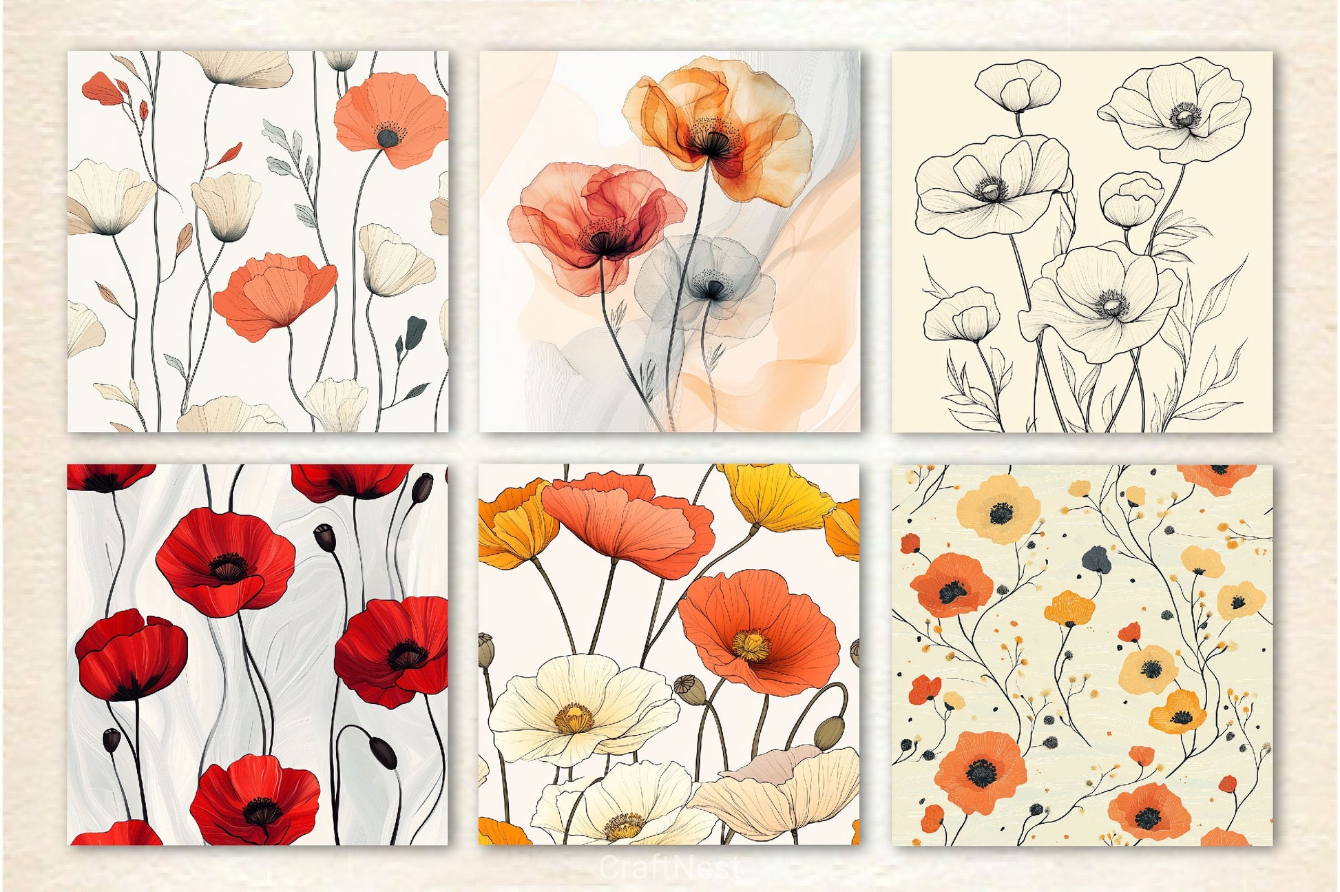 Seamless Boho Line Art Floral Background - CraftNest - Digital Crafting and Art