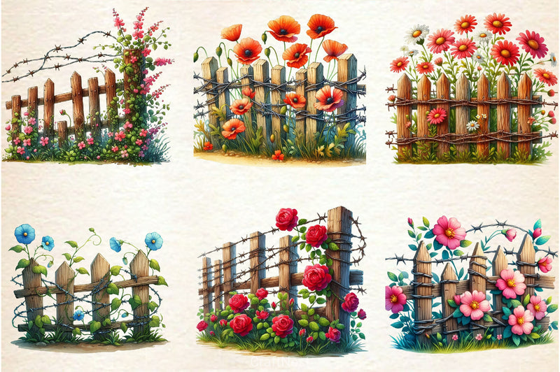 Rustic Fence With Flowers Clipart Bundle - CraftNest - Digital Crafting and Art