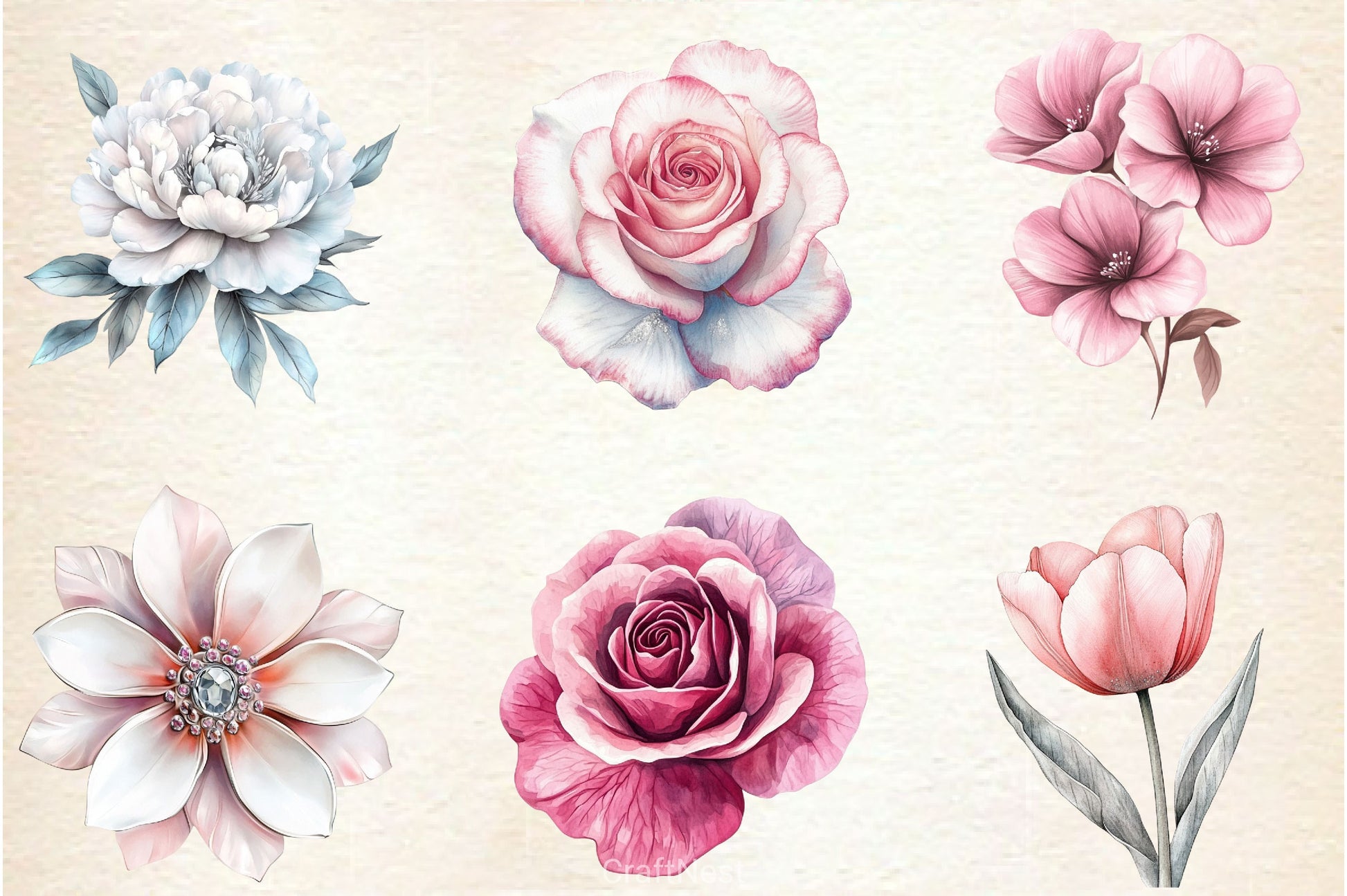 Pink White And Silver Floral Clipart Bundle - CraftNest - Digital Crafting and Art