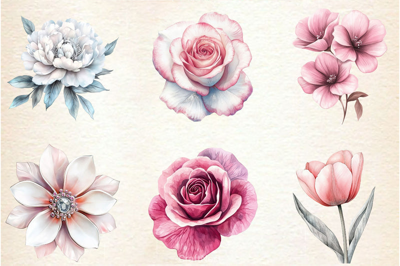 Pink White And Silver Floral Clipart Bundle - CraftNest - Digital Crafting and Art