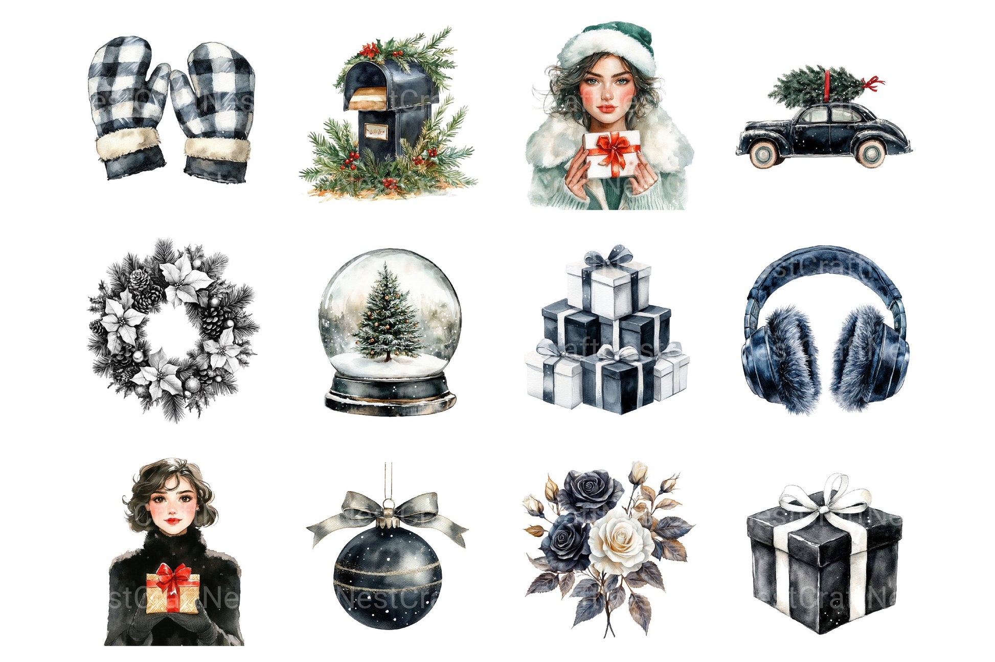 Black & White Christmas Clipart Bundle 1 - CraftNest - Digital Crafting and Art
