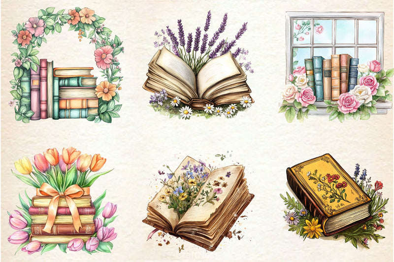 Old Books With Floral Clipart Bundle - CraftNest - Digital Crafting and Art