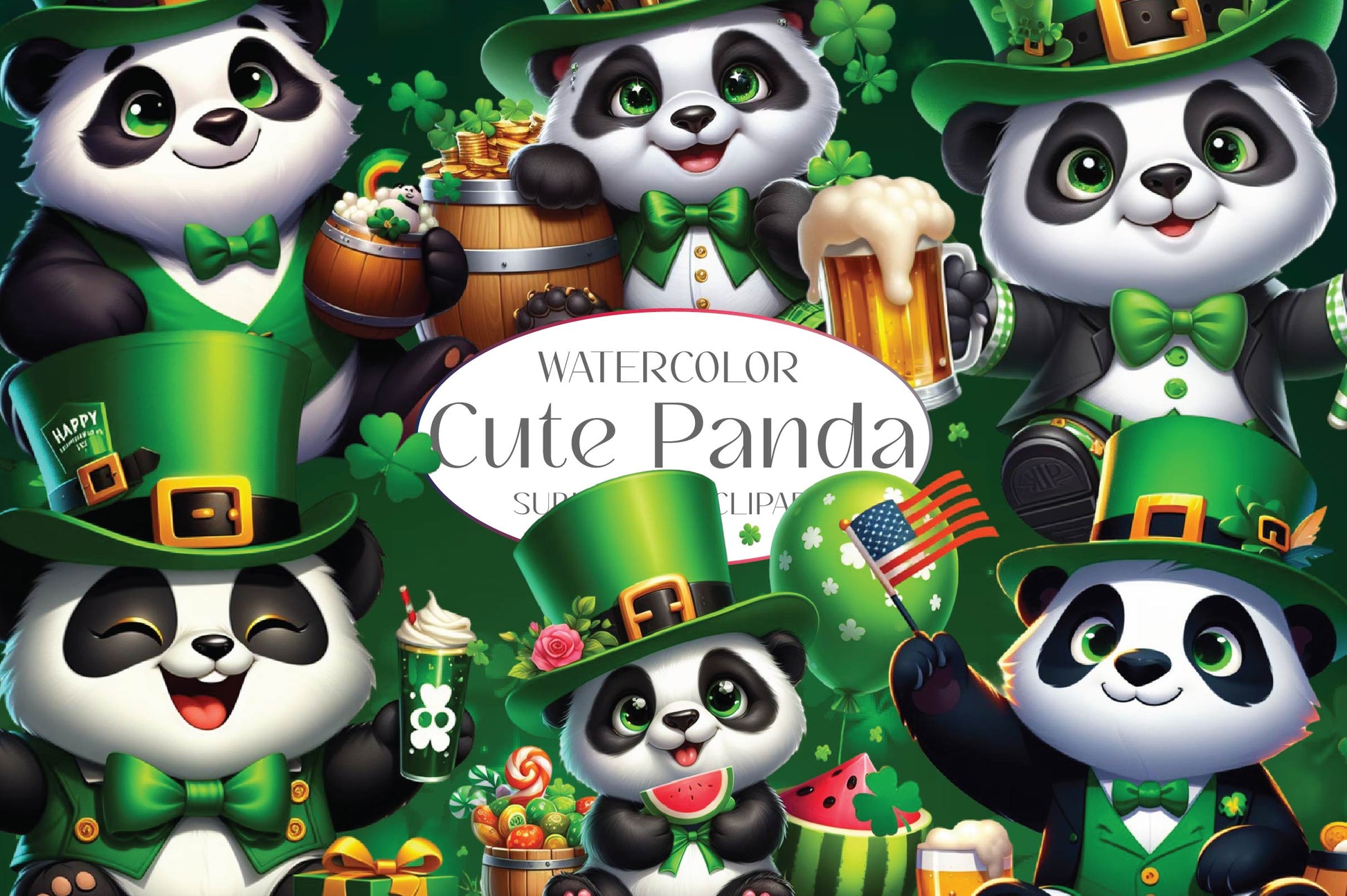St Patricks Day Cute Panda Clipart Bundle 1 - CraftNest - Digital Crafting and Art
