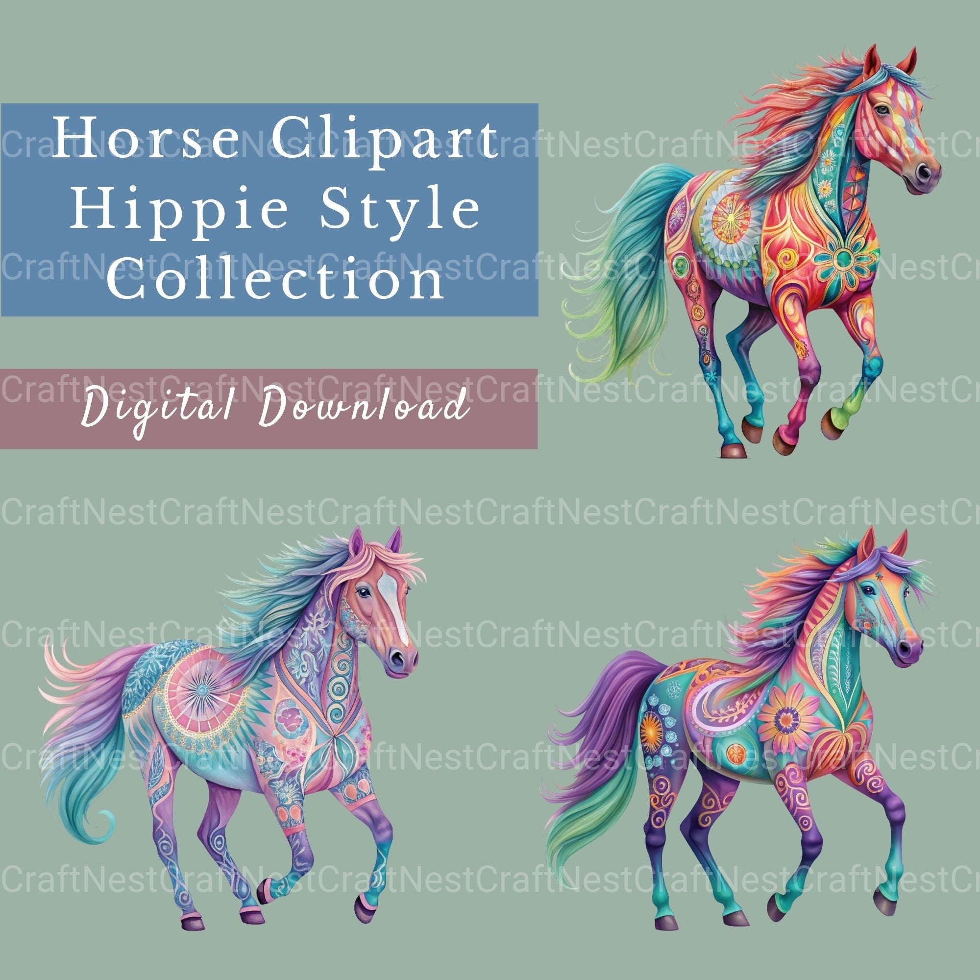 Horses Hippie Groovy Clipart Bundle - CraftNest - Digital Crafting and Art