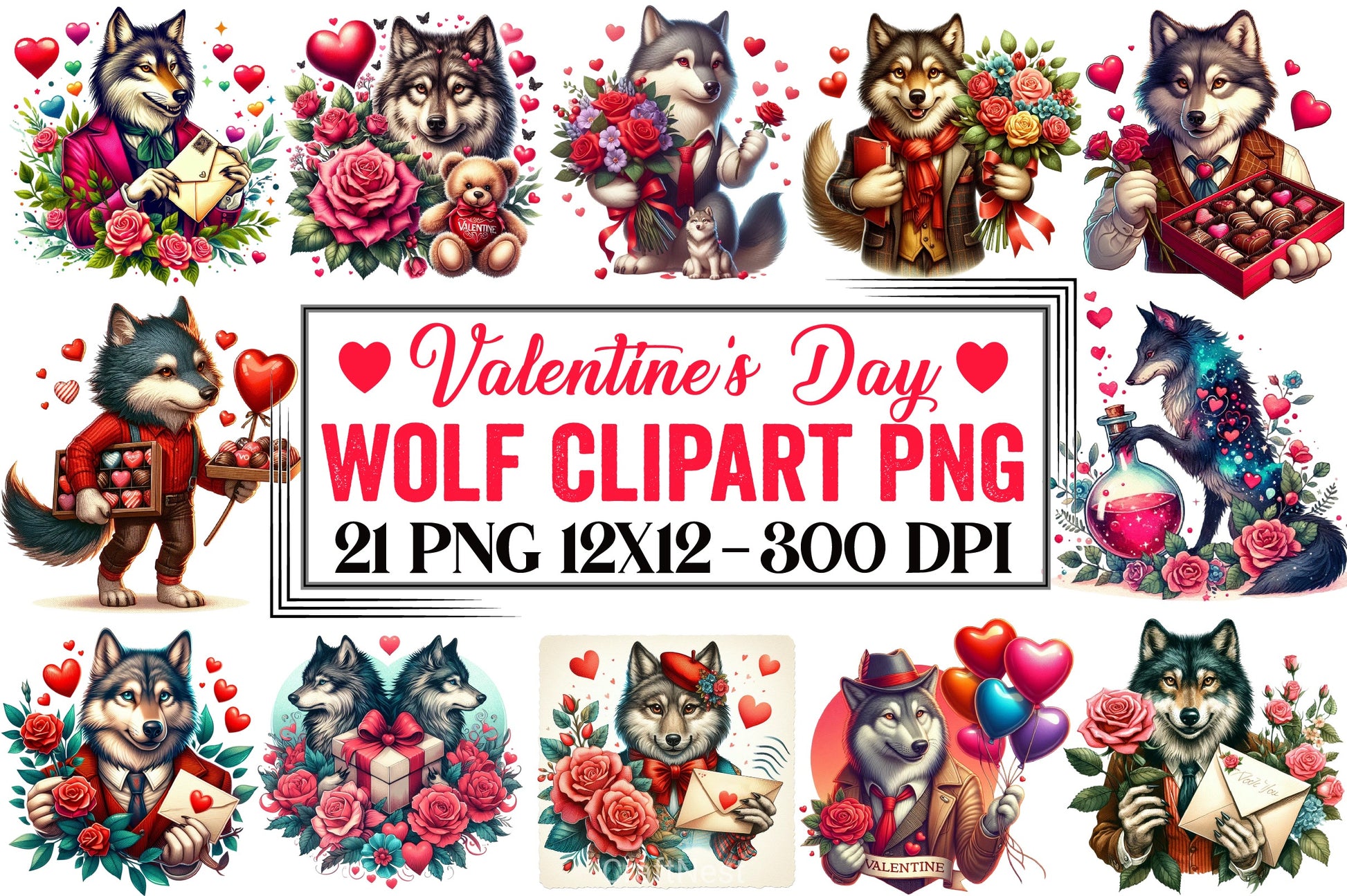 Valentine Wolf Clipart Bundle - CraftNest - Digital Crafting and Art