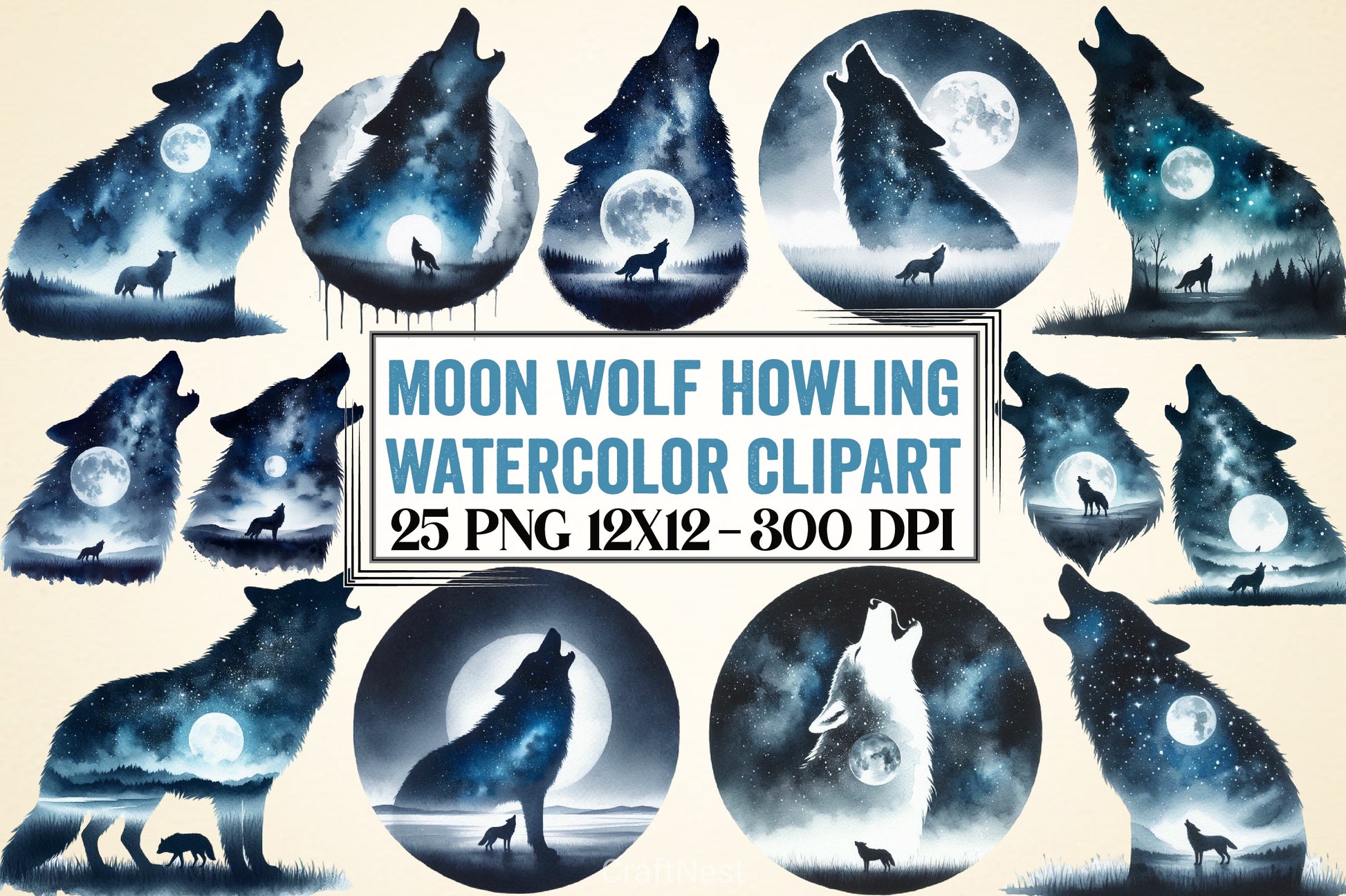 Moon Wolf Howling Clipart Bundle - CraftNest - Digital Crafting and Art