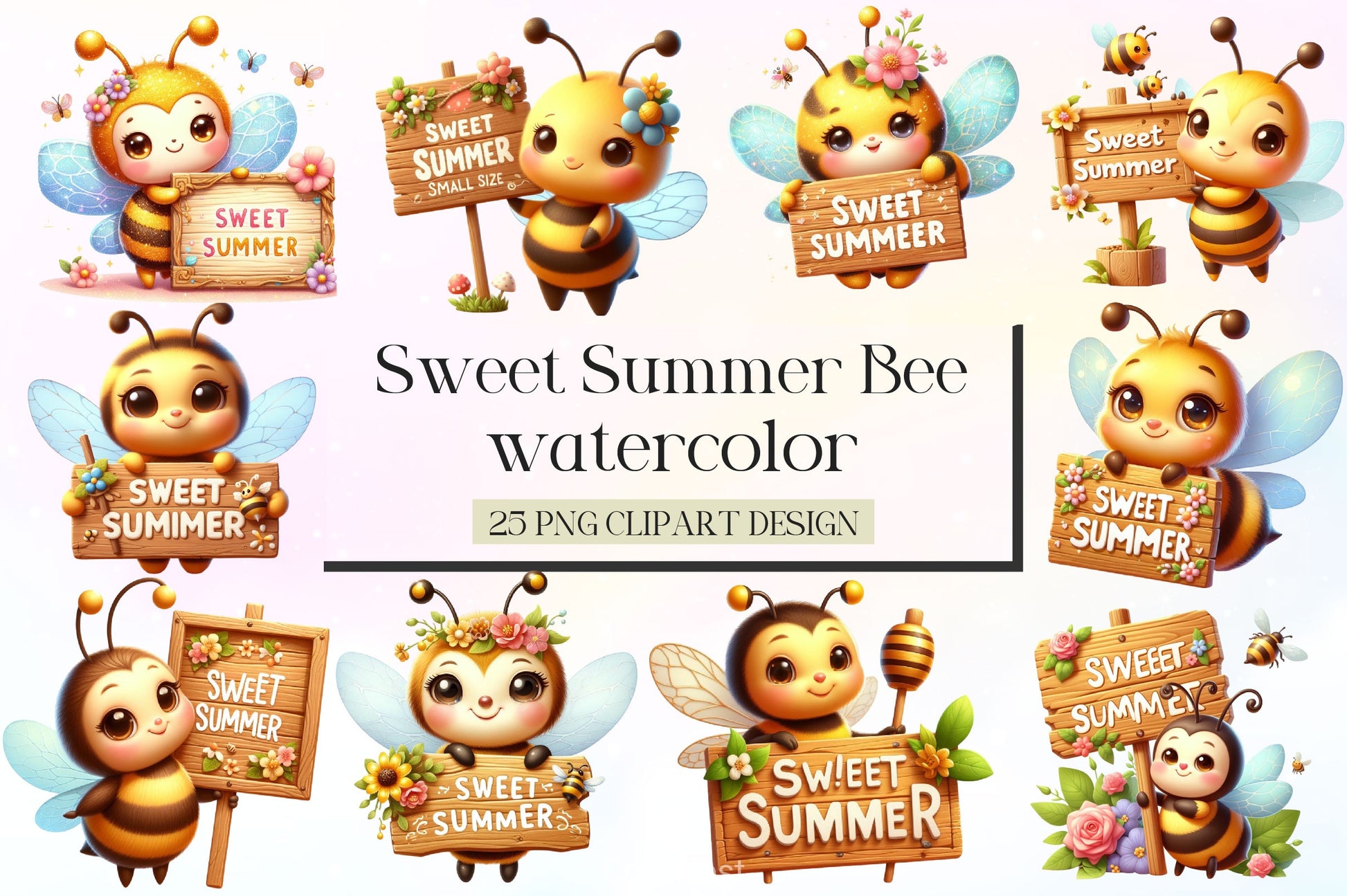 Bee With Sweet Summer Sign Clipart Bundle - CraftNest - Digital Crafting and Art
