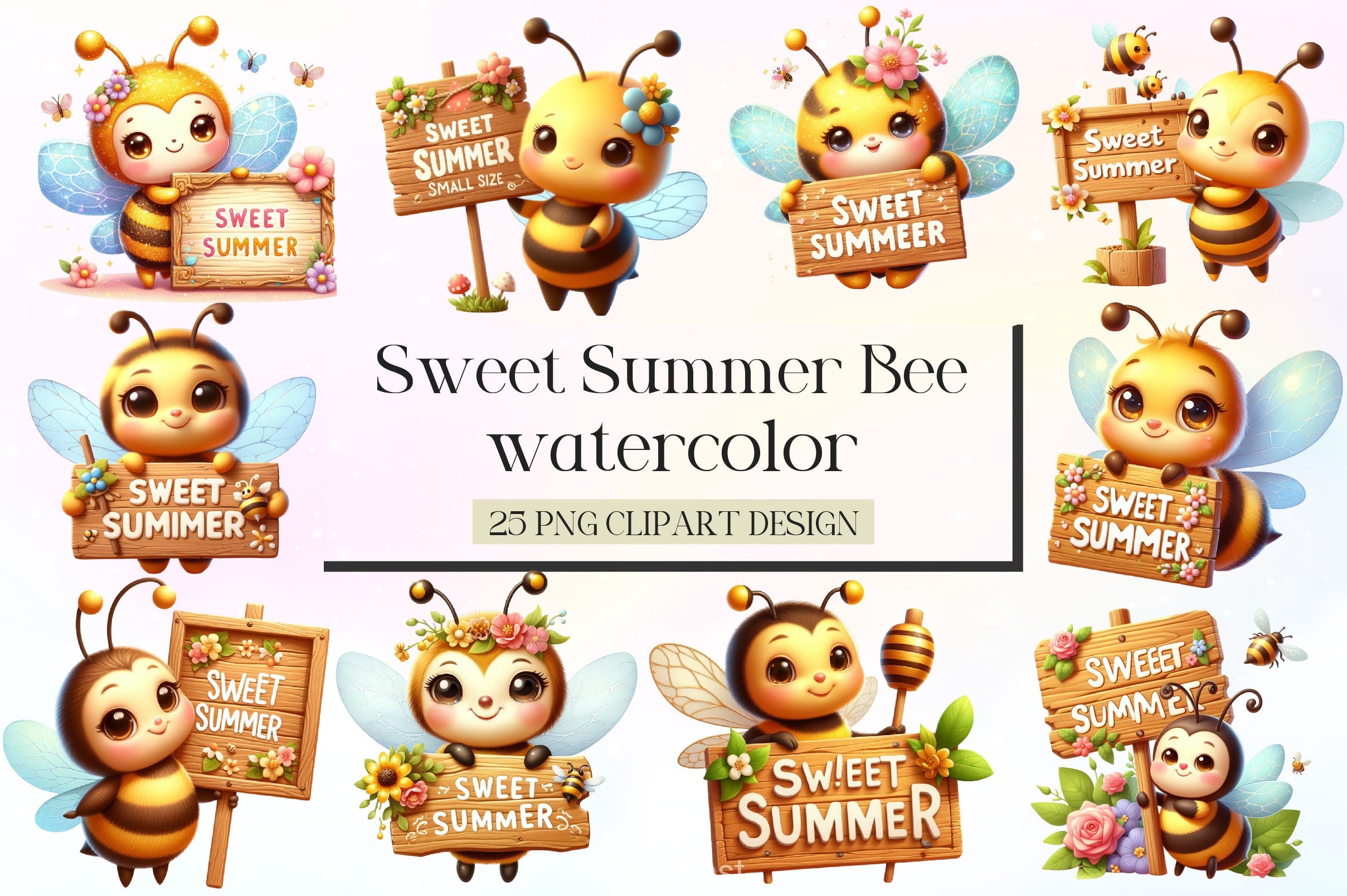 Bee With Sweet Summer Sign Clipart Bundle - CraftNest - Digital Crafting and Art