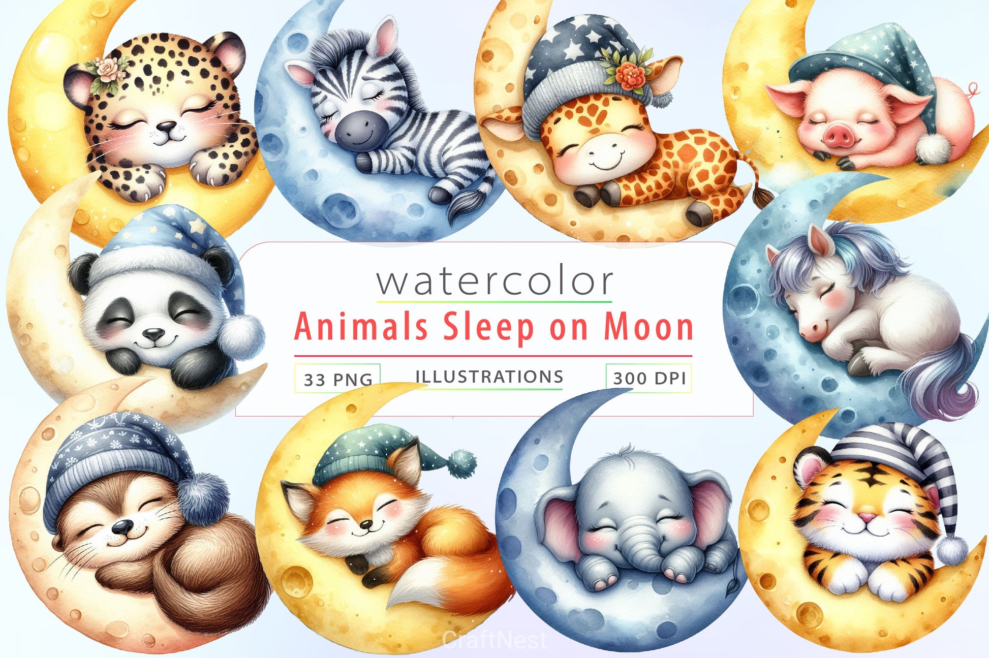 Cute Animals Sleep On Moon Clipart Bundle 4 - CraftNest - Digital Crafting and Art