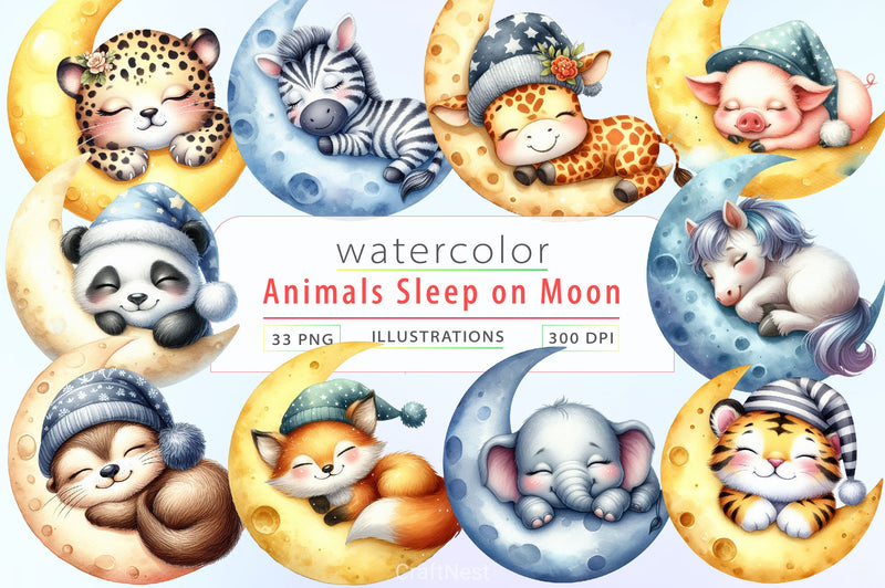 Cute Animals Sleep On Moon Clipart Bundle 4 - CraftNest - Digital Crafting and Art