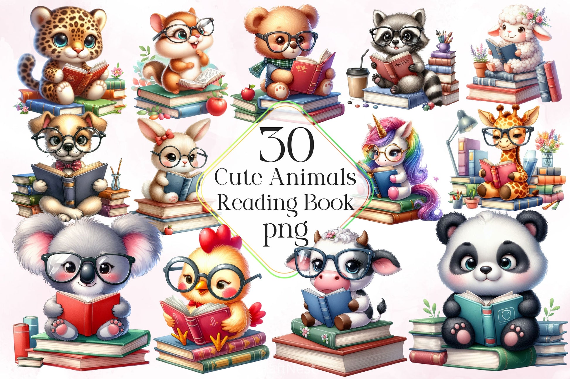 Cute Animals Reading Book Clipart Bundle - CraftNest - Digital Crafting and Art