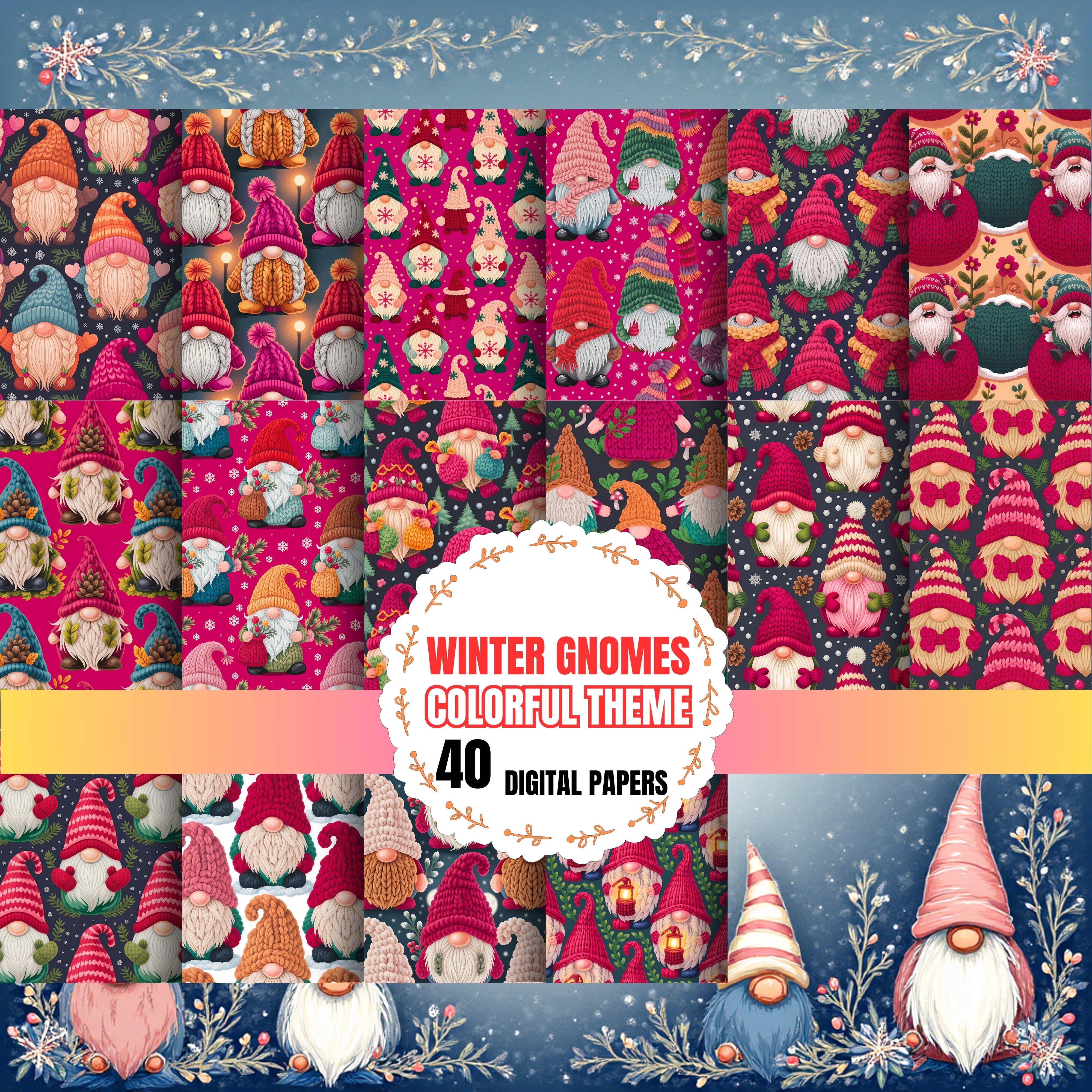 Whimsical Gnome Seamless Pattern Clipart Bundle