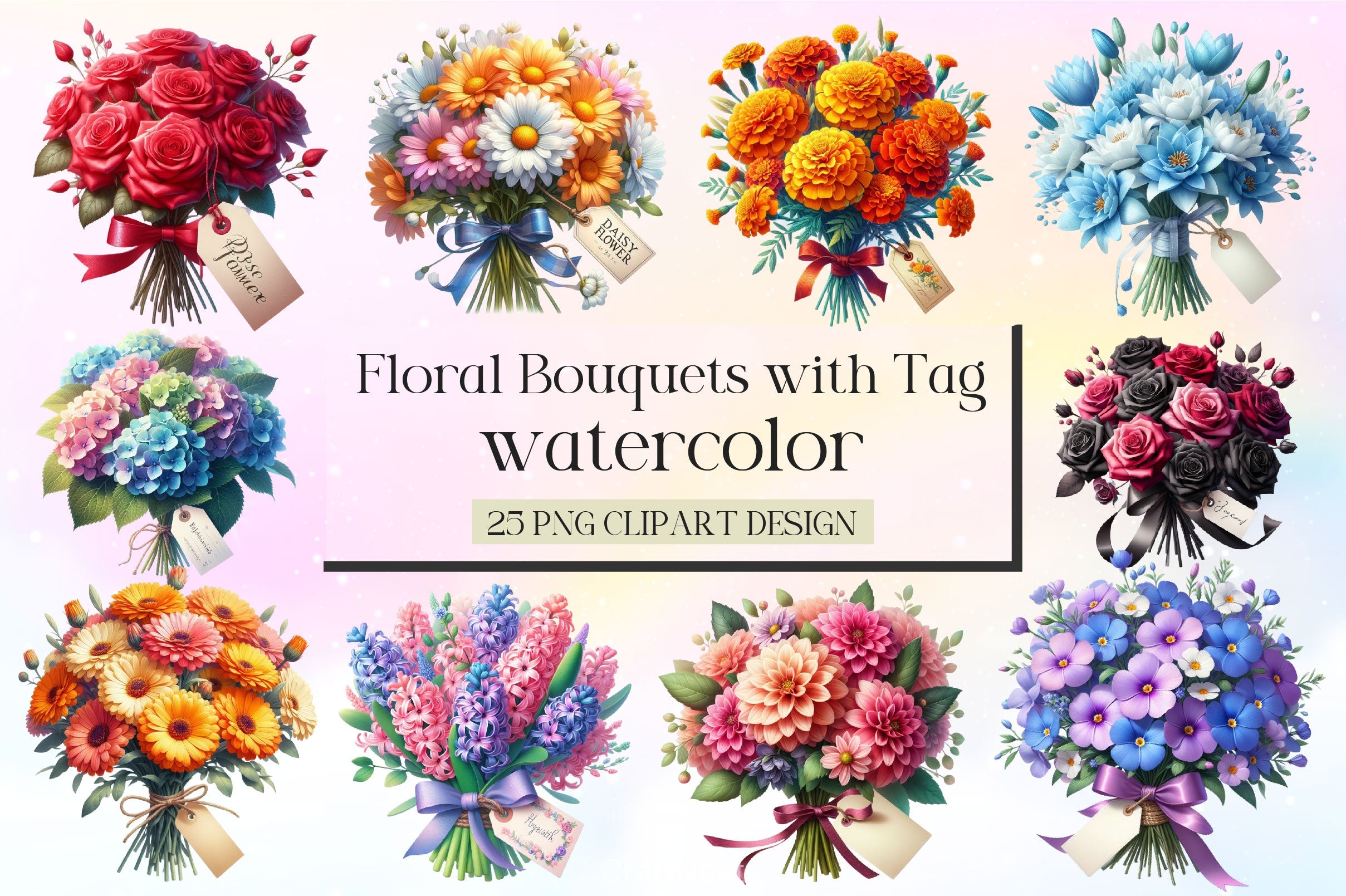 Flowers Bouquets With Tag Clipart Bundle - CraftNest - Digital Crafting and Art