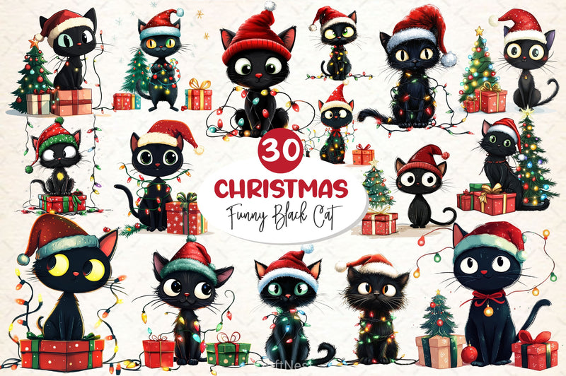 Funny Christmas Black Cat Clipart Bundle 4 - CraftNest - Digital Crafting and Art