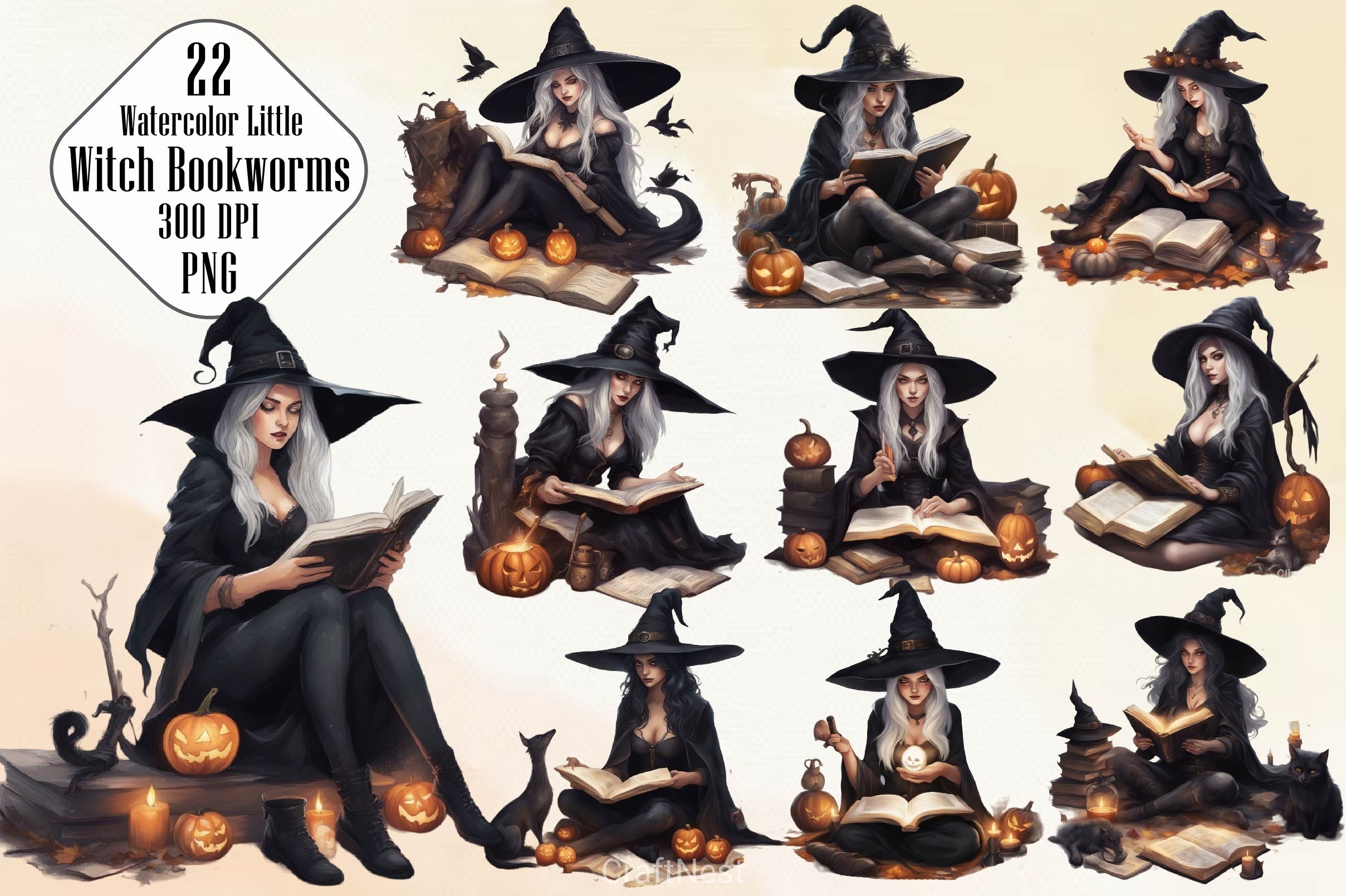 Little Witch Bookworms Halloween Clipart Bundle - CraftNest - Digital Crafting and Art