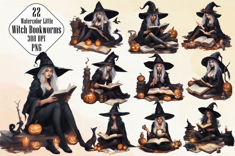 Little Witch Bookworms Halloween Clipart Bundle - CraftNest - Digital Crafting and Art
