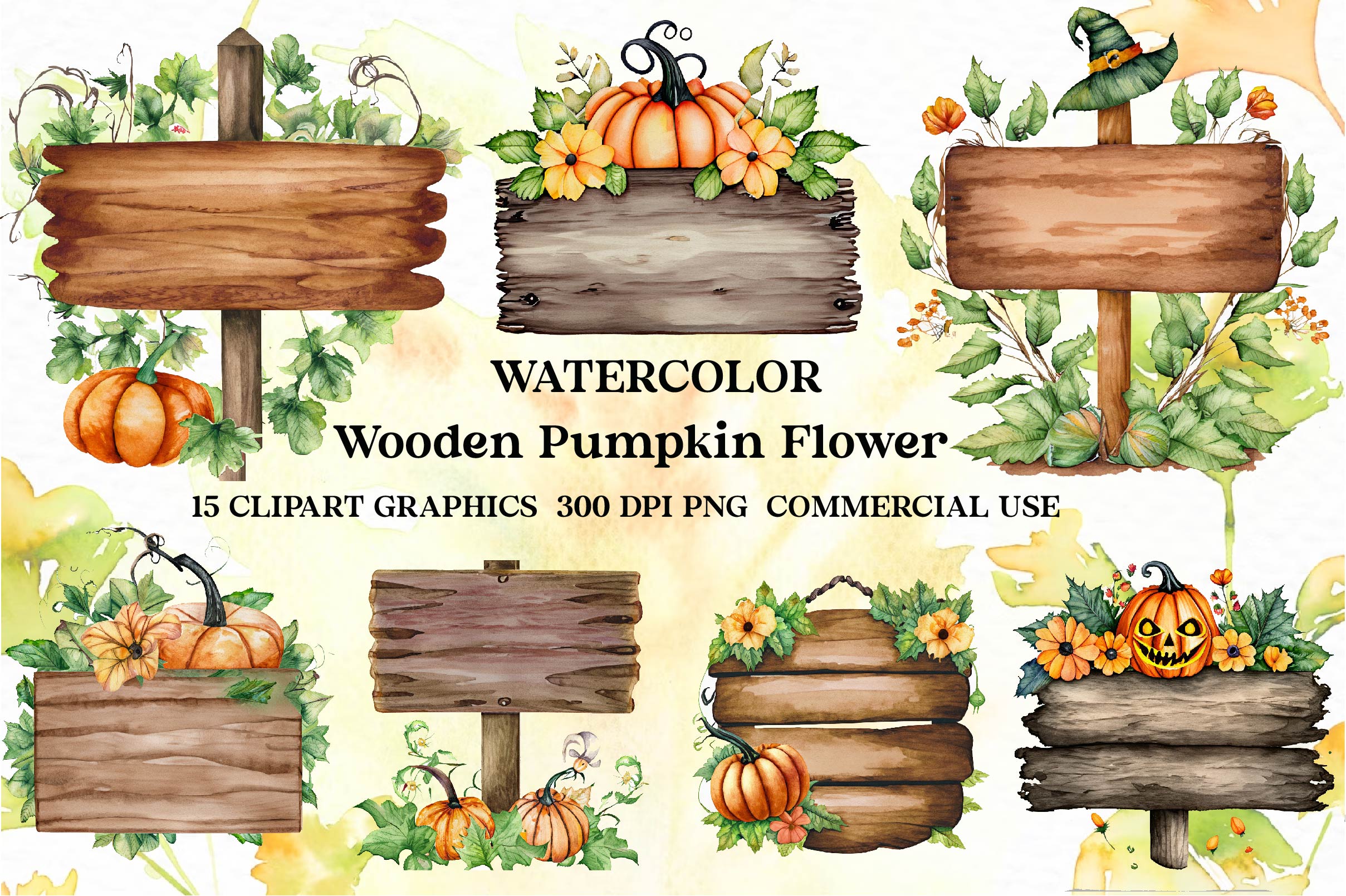 Wooden Sign Pumpkin Flower Clipart Bundle - CraftNest - Digital Crafting and Art