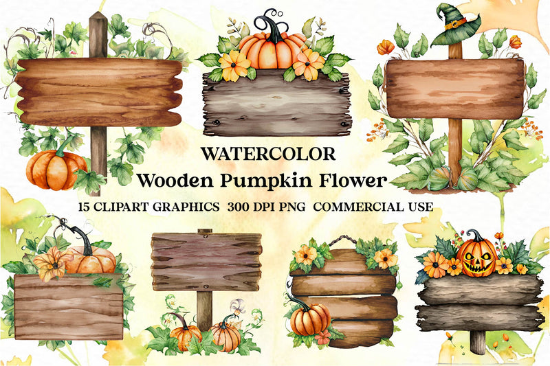 Wooden Sign Pumpkin Flower Clipart Bundle - CraftNest - Digital Crafting and Art