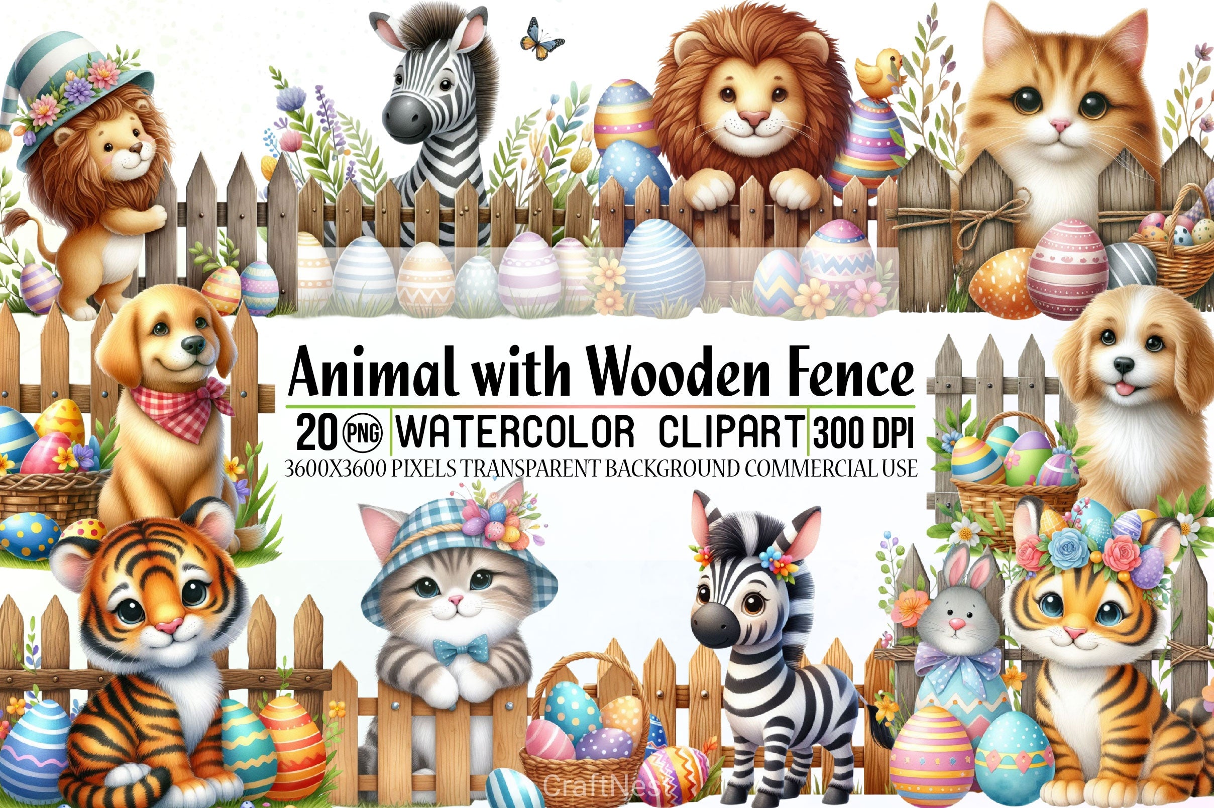 Easter Animals with Fence Clipart Bundle - CraftNest - Digital Crafting and Art