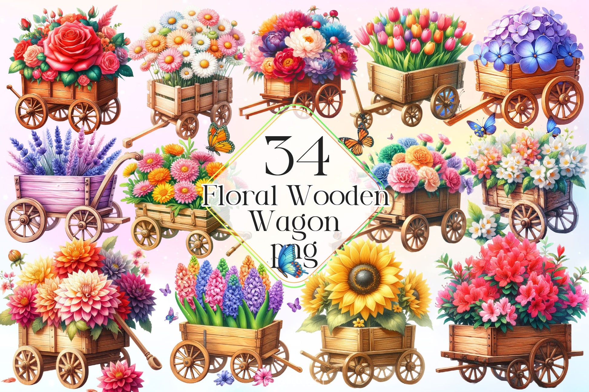 Floral Wooden Wagon Clipart Bundle 2 - CraftNest - Digital Crafting and Art