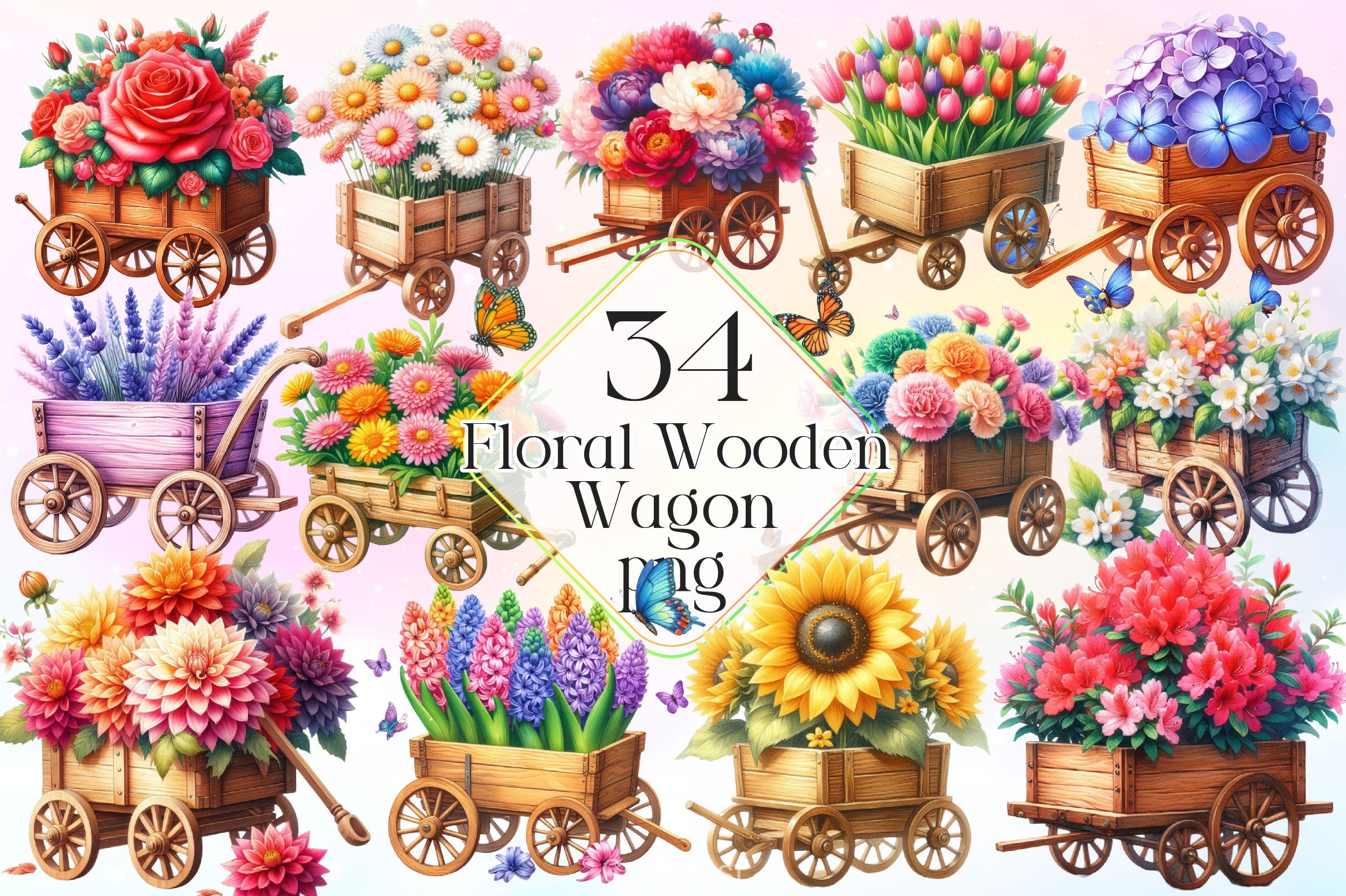 Floral Wooden Wagon Clipart Bundle 2 - CraftNest - Digital Crafting and Art