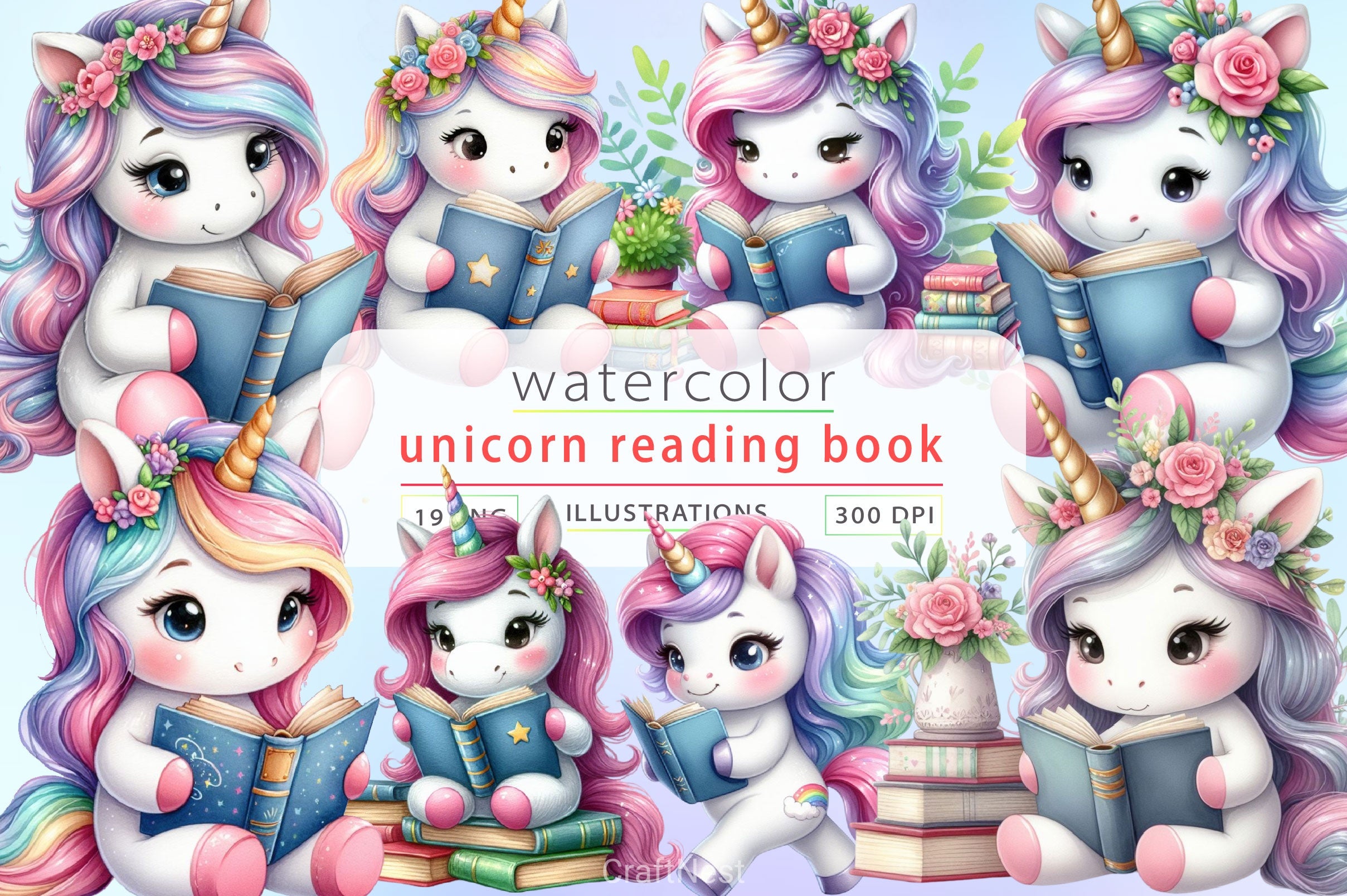 Cute Unicorn Reading A Book Clipart Bundle - CraftNest - Digital Crafting and Art