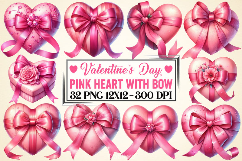 Valentine's Pink Heart Bow Clipart Bundle - CraftNest - Digital Crafting and Art