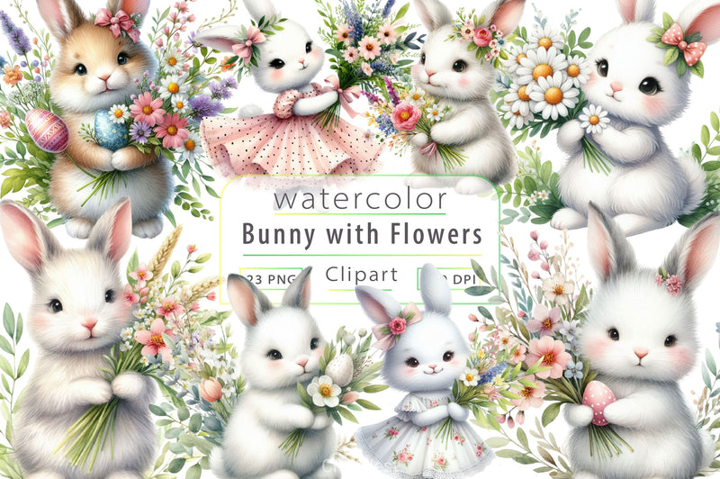 Bunny With Flowers Clipart Bundle - CraftNest - Digital Crafting and Art