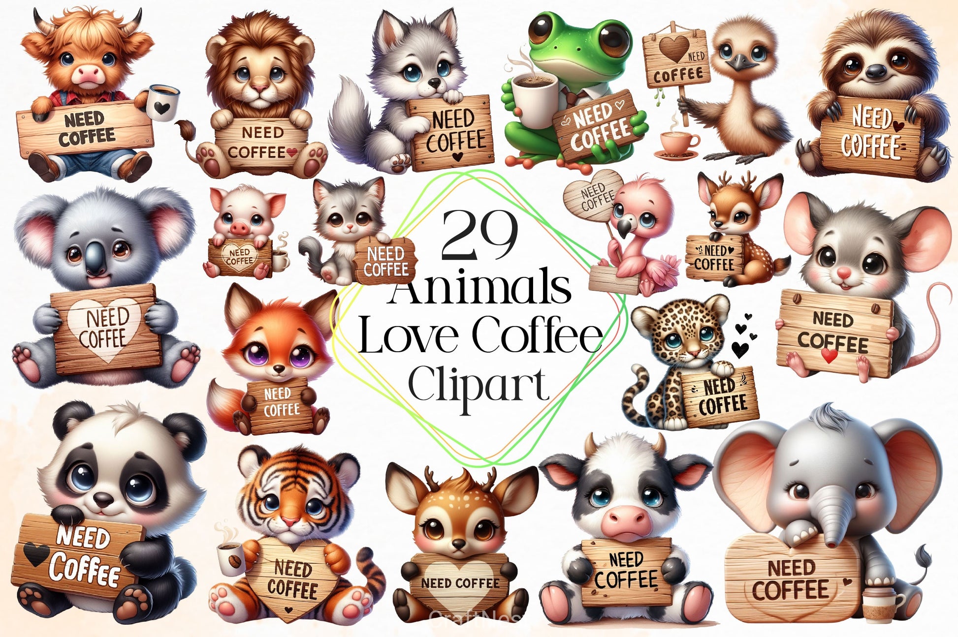 Cute Tired Animals Love Coffee Clipart Bundle - CraftNest - Digital Crafting and Art